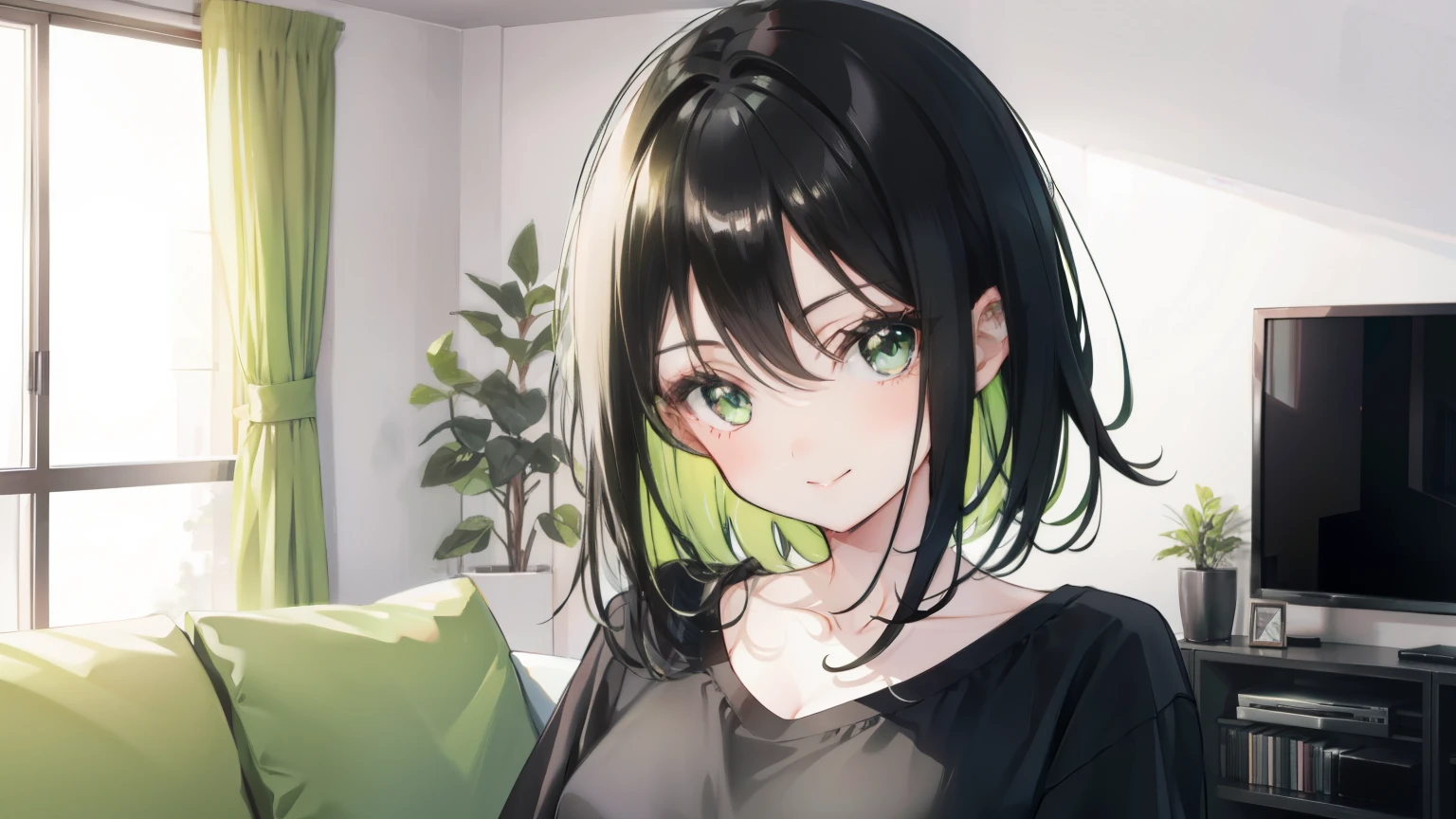 A girl, black hair and bright green eyes, medium hair, in the living room near the television, wearing a casual cloth, cute, smile, cute