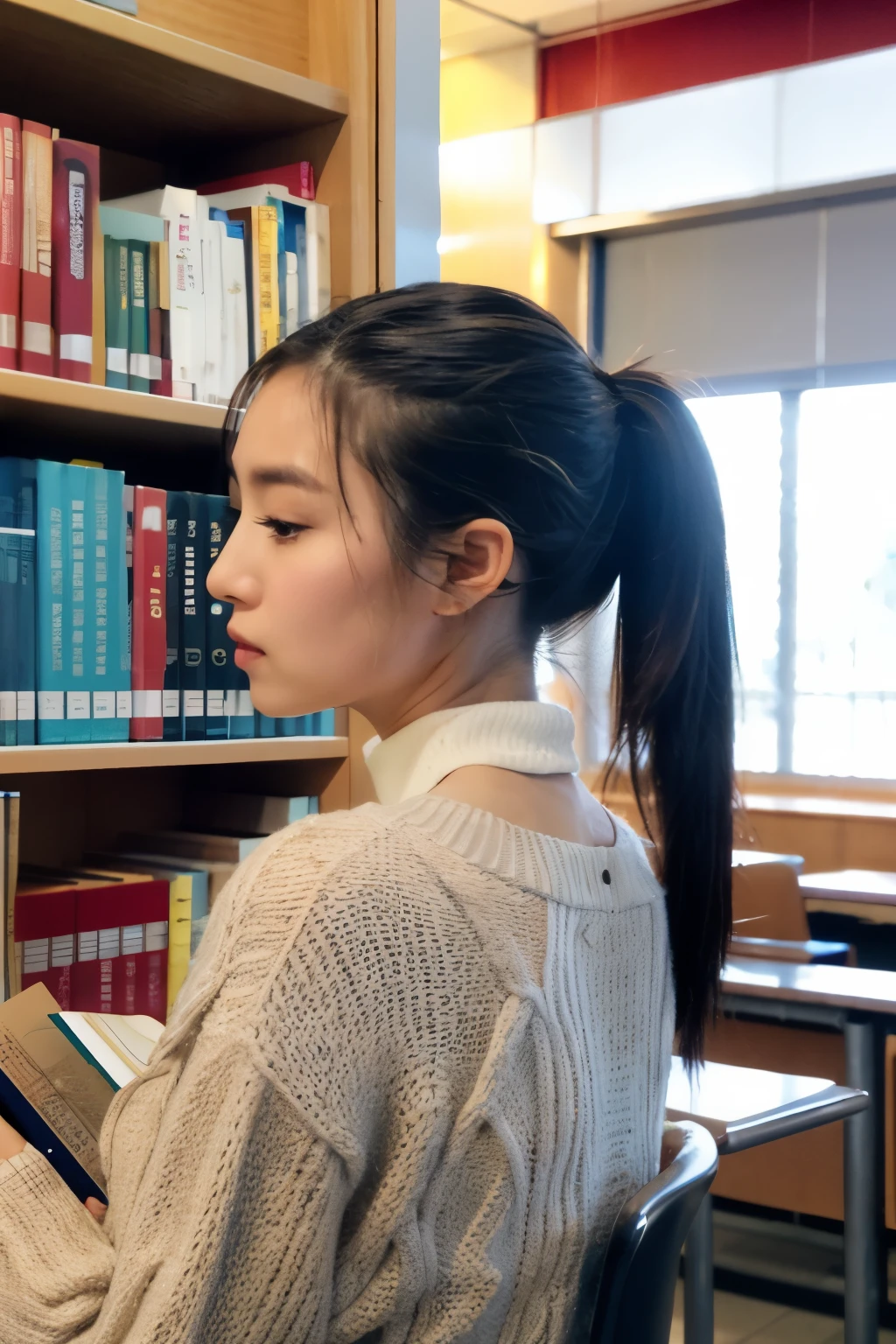 library，high ponytail，woman，read，desk