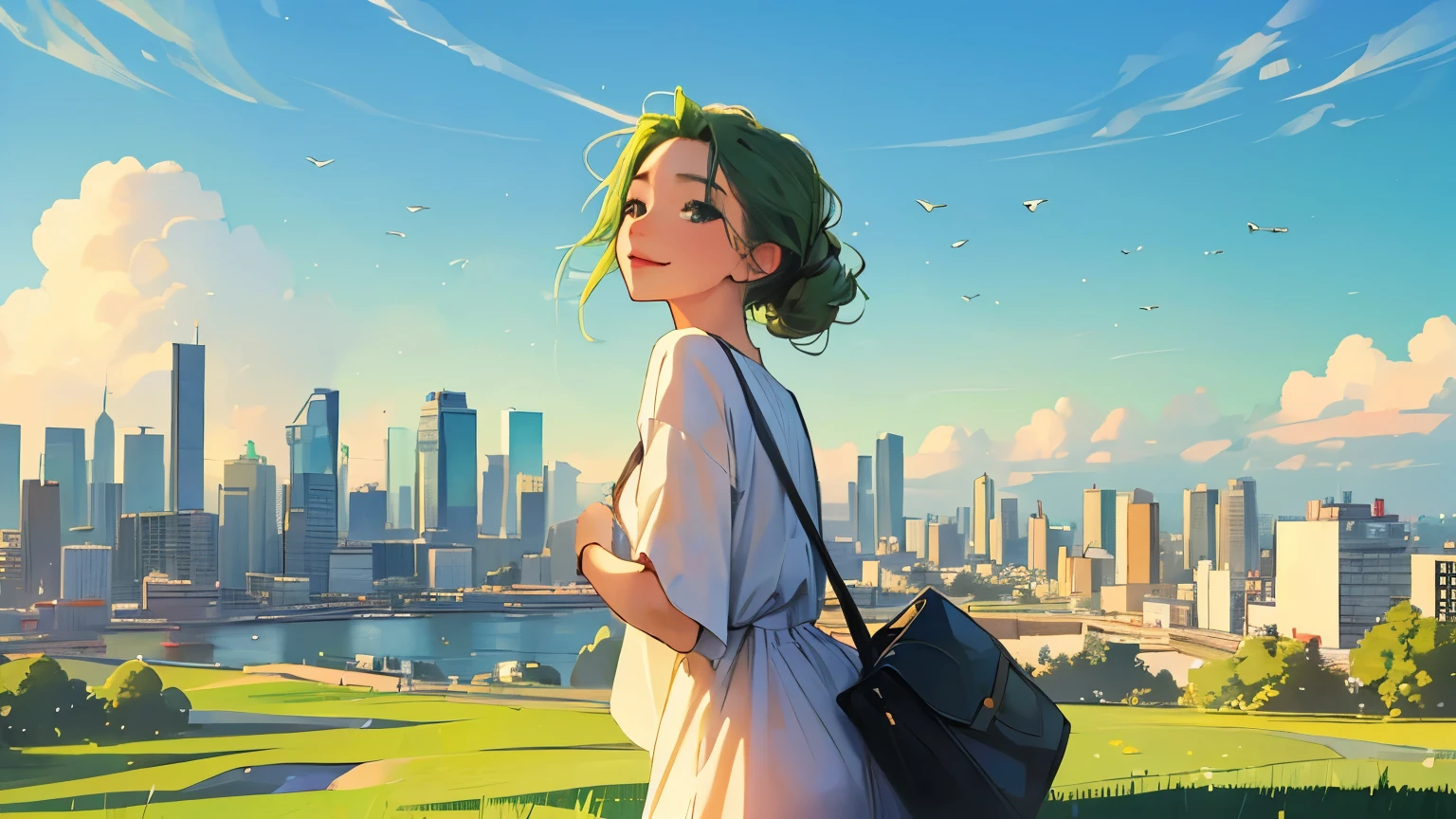 ((masterpiece)),(((bestquality))),((ultra-detailed)) realisticlying, 1 girl, Beautiful,  happy,  solo,  The sky turnsat morning,  looking to viewer, soft green, city.