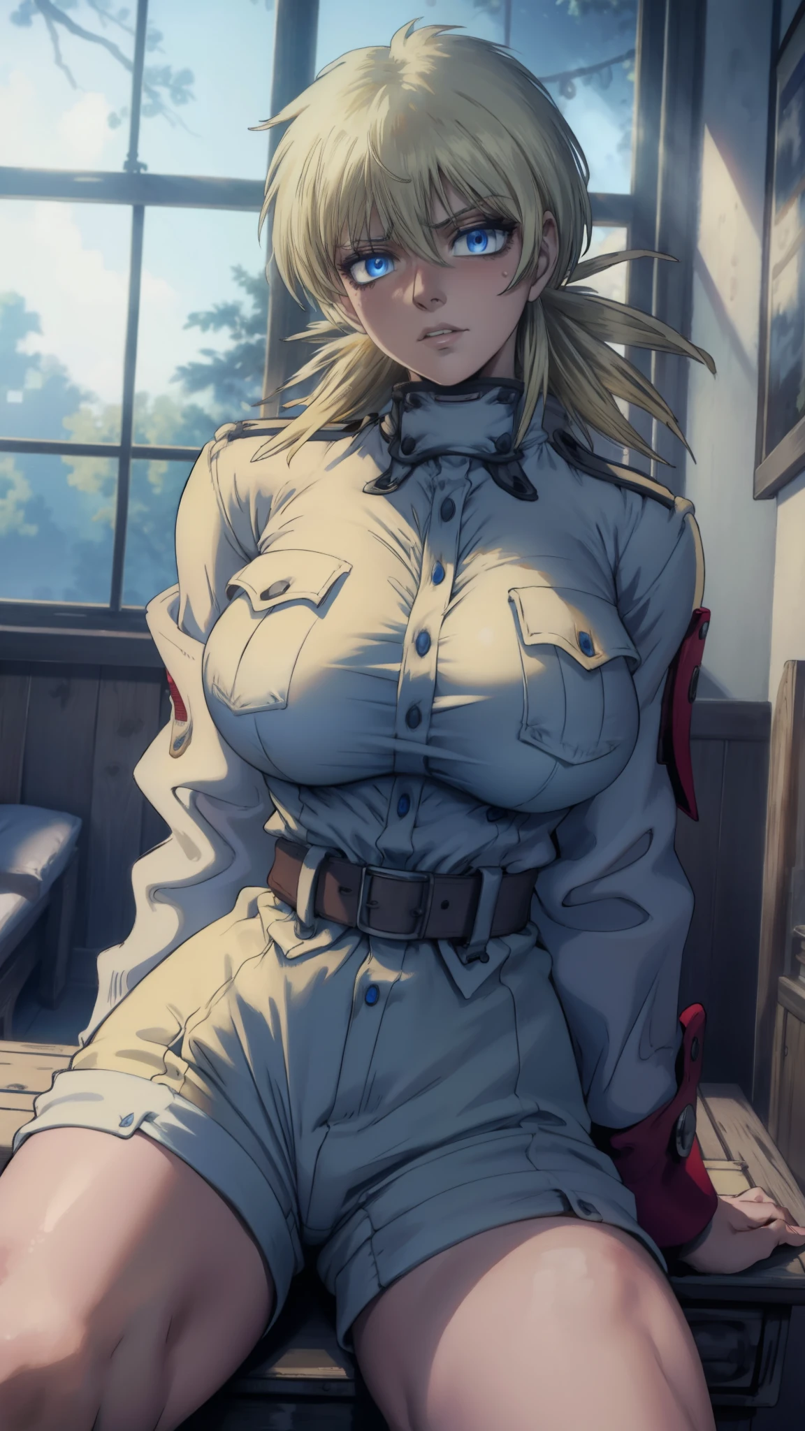 masterpiece, best quality, victoria, seras, 1girl, solo, white shorts, long sleeves , sitting, campfire, warm lighting , , annoyed, head tilt, looking to the side, gigantic breasts, breast focus,  boob window, bare breasts, arms at side, arms behind back, Detailed face, Detailed blue eyes, Detailed face, blue eyes, perfect eyes, perfect face, nude