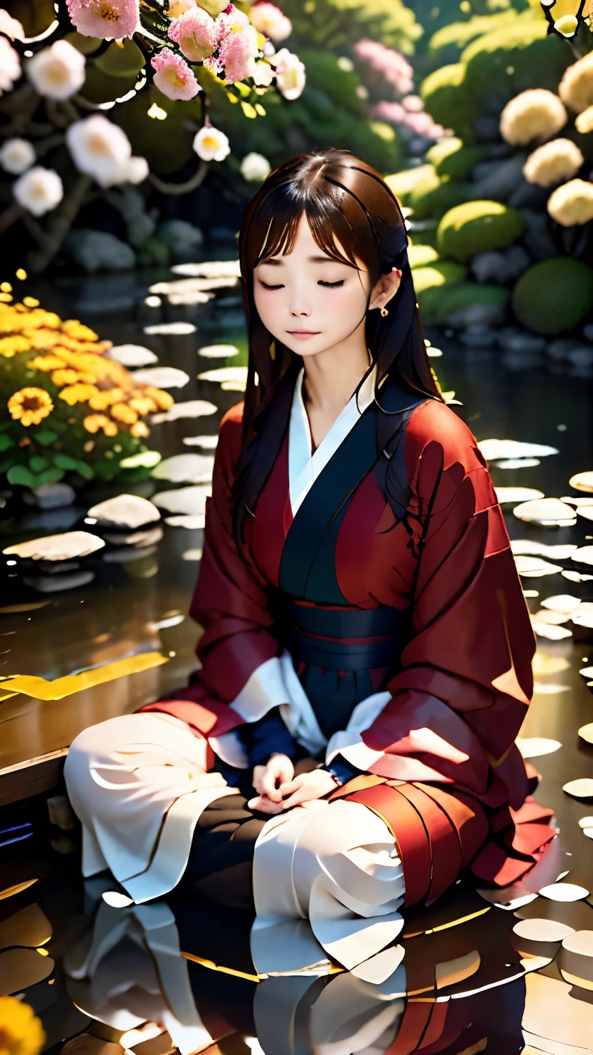 Woman meditating on flowers by the stream, Zazen、wine red robe:1.2、perfect anatomy、feel the flow of the river、jedi、silence、Super detailedな顔、detailed description、cute face、calm expression, cinematic lighting、surreal、Super detailed肌の質感は非常に詳細です、master piece、highest quality、ultra high resolution、8k、Super detailed