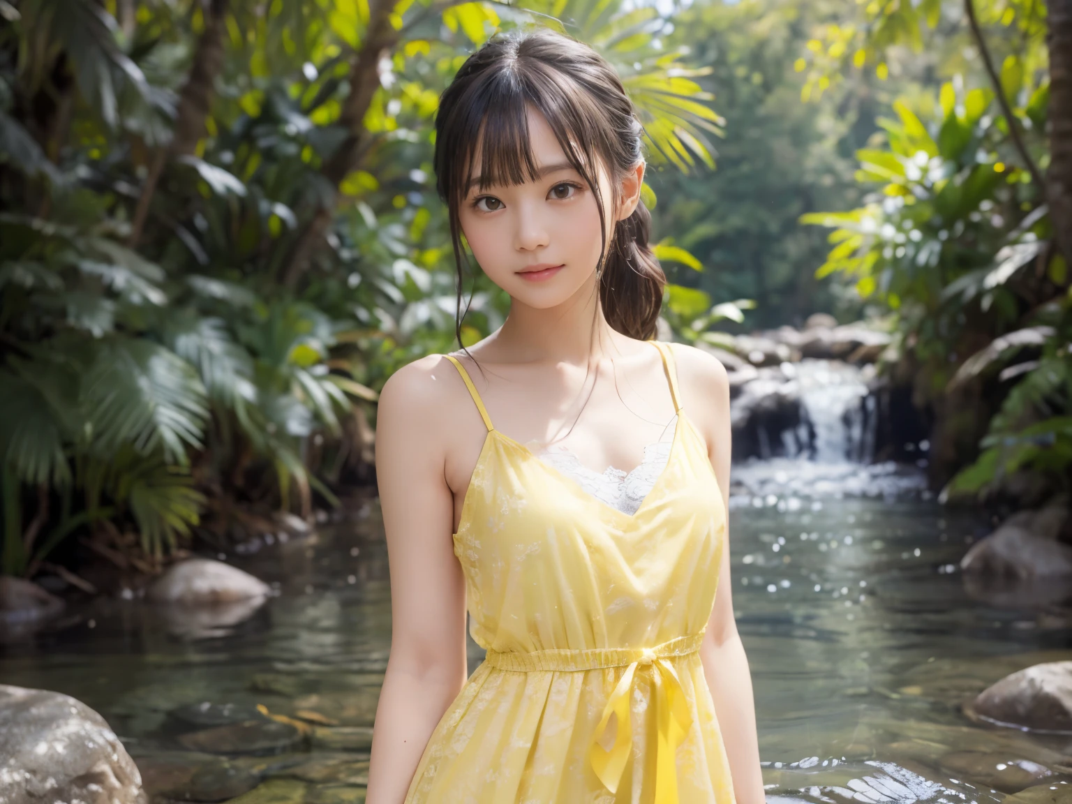 ((((1))),((Photorealistic))), (full body photo))), (Lens flare))),((Backlight)), (in the forest))((A clear stream deep in the dark mountains)),((background rocks)),((smile)),((Nikon Z)),())),(small bust)))), ((((Yellow lace dress,thin fabric dress)))), ((((Pore feeling)))), ((skin feel)))), (((photorealism: 6, realistic))))), (((Sideways and turning poses)),perfect chest shape, naked ass, side ponytail, ribbon, hair ornaments, white skin, looking at the viewer, small waist