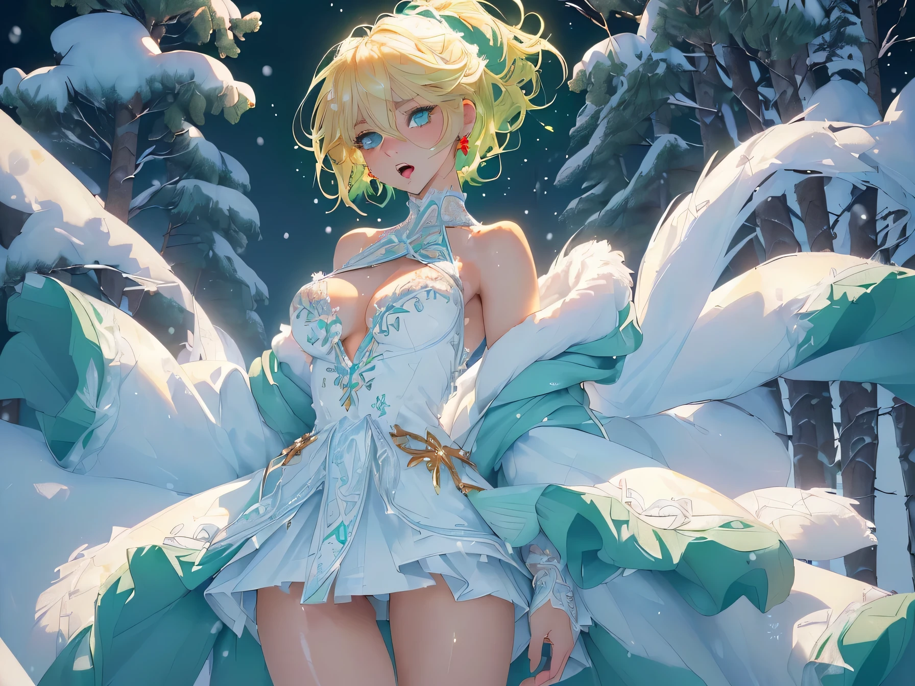 cute elf,((anime elf with extremely cute and beautiful blond hair)),((((blond hair:1.35,undercut blond hair,short hair,colored inner hair,ear breathing)))),(((green_eyes:1.3))),intricate eyes,beautiful detailed eyes,symmetrical eyes,big eyes:1.5,enchanting bright eyes studded with gold and silver dust,(((pinky skin,glowing_skin,lustrous skin:1.5,bright skin: 1.5,skin tanned,shiny skin,very shiny skin,shiny body,plastic glitter skin,exaggerated shiny skin,illuminated skin))),upward breasts,(detailed body,(detailed face)),cute,daring,zettai ryouiki,show skin,best relationship with four fingers and one thumb,((girl trembling with sexual climax))
Break (((aqua fur coat, aqua fur coat outfit, wearing a ice dress:1.3,aqua winter coat))), ((ice dress,elegant ice dress)),(white gloves,white clothes,(((intricate outfit,intricate clothes,embroidered outfit,ornate outfit,embroidered clothes,ornate clothes))),(dynamic pose:1.0),embarrassed,(centered,scale to fit dimensions,Rule of thirds),((snowy pine forest)),winter,scenery:1.25,((intricate scenery)),((snow forest background)),(Glossy winter ornaments),highres,sharp focus,(ultra detailed,extremely detailed),(photorealistic artwork:1.37),(extremely detailed CG unity 8k wallpaper),(((vibrant colors,vibrant theme))),(intricate),full body,(perfect body),standing,
serious expression, speedy punch, outdoors,(((It's torn and her genitals are visible))).torn clothes,broken clothes,((open legs)), ((((spread legs)))),(((opened her female privates:1.4))),(((wide opened female privates,fingers:1.2))),(((embarrassment stuck to the flesh wall of her female privates:1.2))),(((opened female privates:1.2))),(((kupaa:1.2))),((perfect pussy)), ((detailed pussy)),((spread pussy)),nude,naked,bottomless,topless,(embarrassed),blush stickers,Garter Belt,Bare shoulders,Beautiful breasts,Full body,(Perfect body),((Check out our thru-rack chokers and midi rings with chains,pale skin,Faint lips,embarrassed,Open mouth