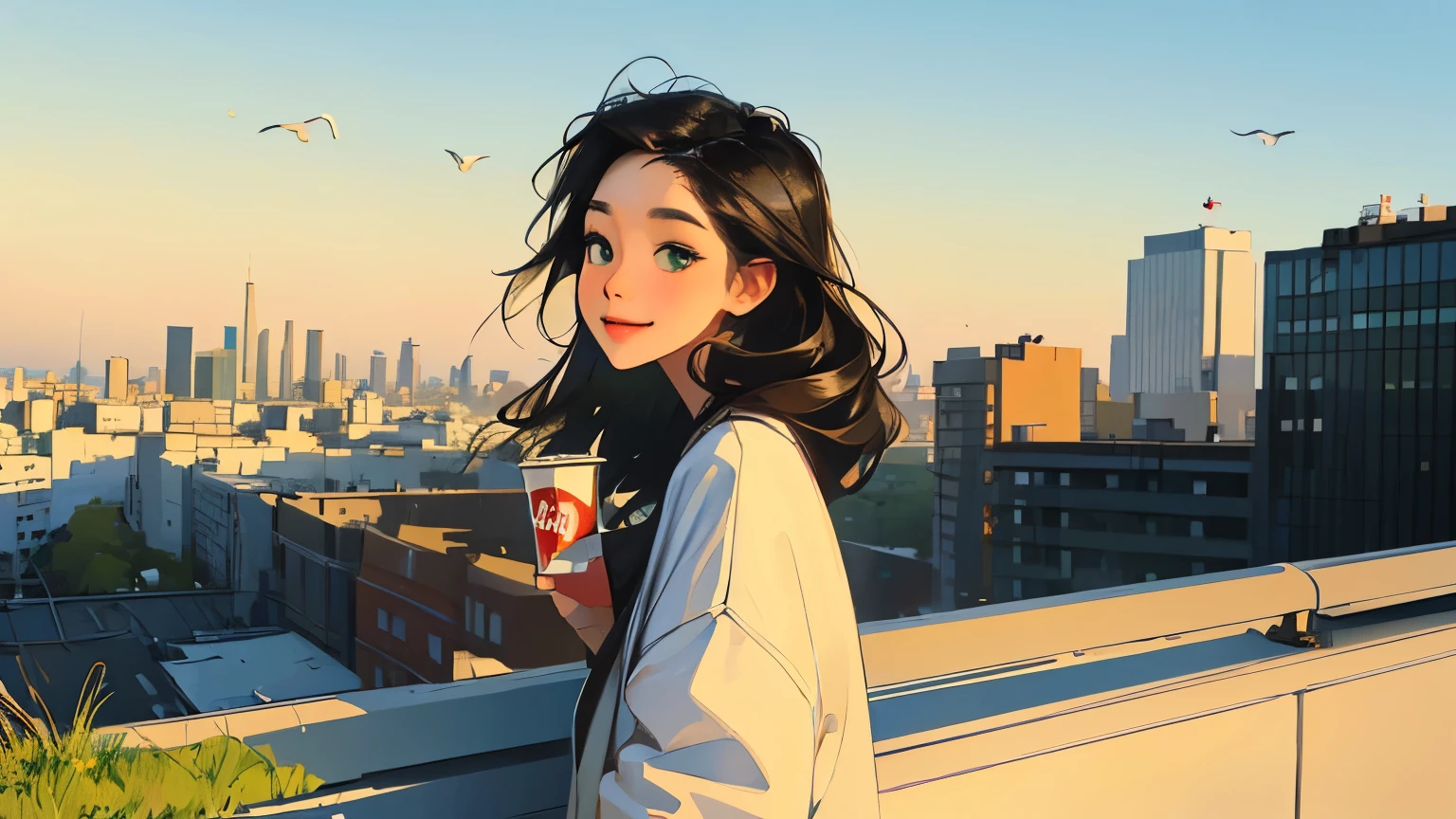 ((masterpiece)),(((bestquality))),((ultra-detailed)) realisticlying, 1 girl, Beautiful, black hair, coke, happy,  solo, The sky turnsat morning,  looking to viewer, soft green,  city.