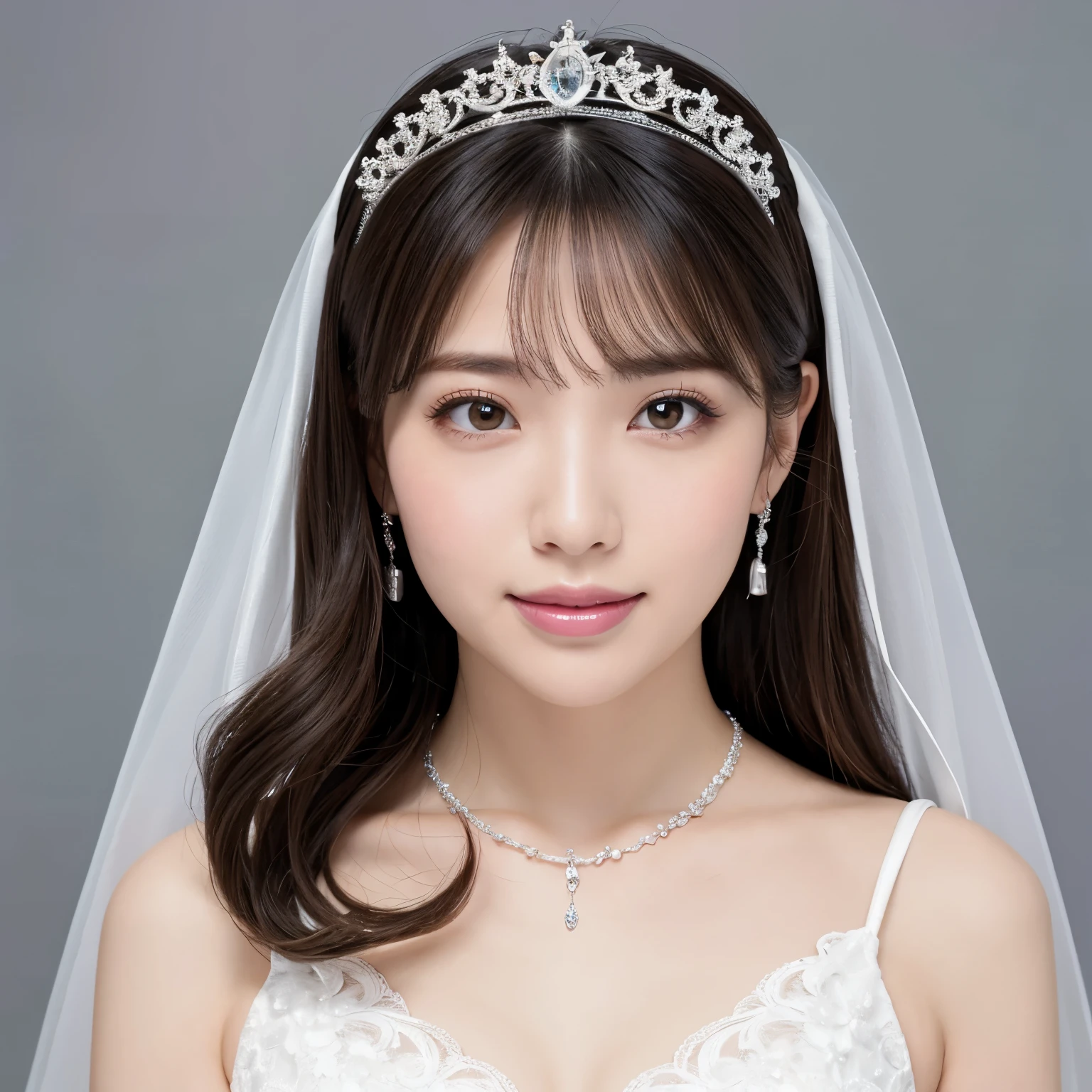 (highest quality、table top、8k、best image quality、Award-winning work)、(One cute bride:1.1)、(alone:1.1)、(finest wedding dresses:1.3)、(Top quality giant tiara:1.3)、(Top quality giant necklace:1.3)、(wedding lace:1.3)、(The simplest pure white background:1.2)、(Perfectly fixed on the front:1.1)、(very big breasts:1.1)、(emphasize body line:1.1)、close up of face、(Perfect frontal and horizontal portrait of a woman with proper white space:1.1)、(Perfect depiction of a woman horizontally and from the front:1.1)、beautiful and detailed eyes、look at me and smile、(Upright photo from the chest up:1.1)、(look straight at me from the front:1.1)、perfect makeup、Ultra high definition beauty face、ultra high definition hair、Super high-definition sparkling eyes、Super high resolution glossy lips、accurate anatomy、very beautiful skin、(Pure white skin that shines with ultra-high resolution:1.1)、Elegant upright posture when viewed from the front、(very bright:1.1)