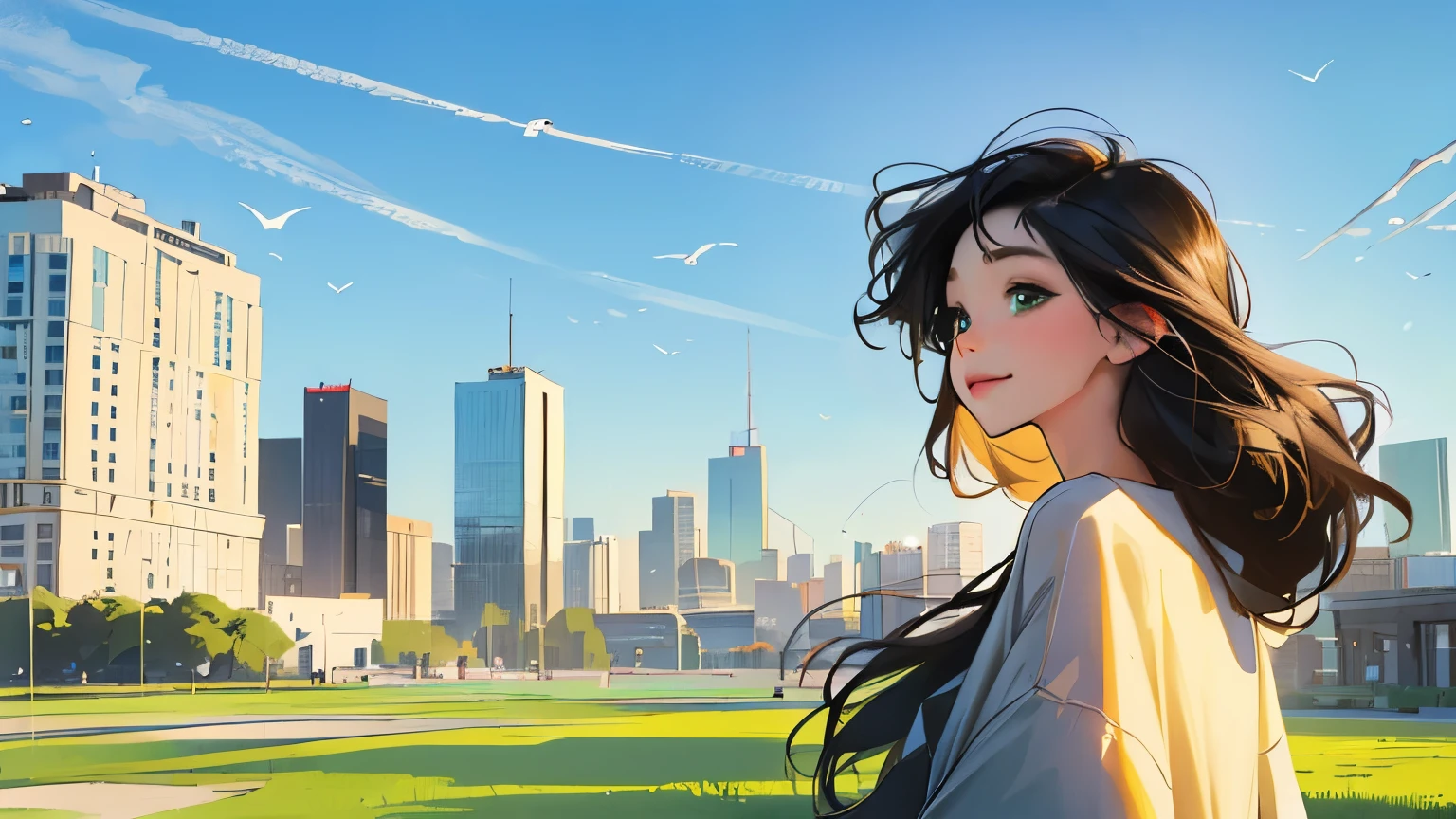 ((masterpiece)),(((bestquality))),((ultra-detailed)) realisticlying, 1 girl, Beautiful, black hair, happy, solo, The sky turnsat morning, looking to viewer, soft green, city.
