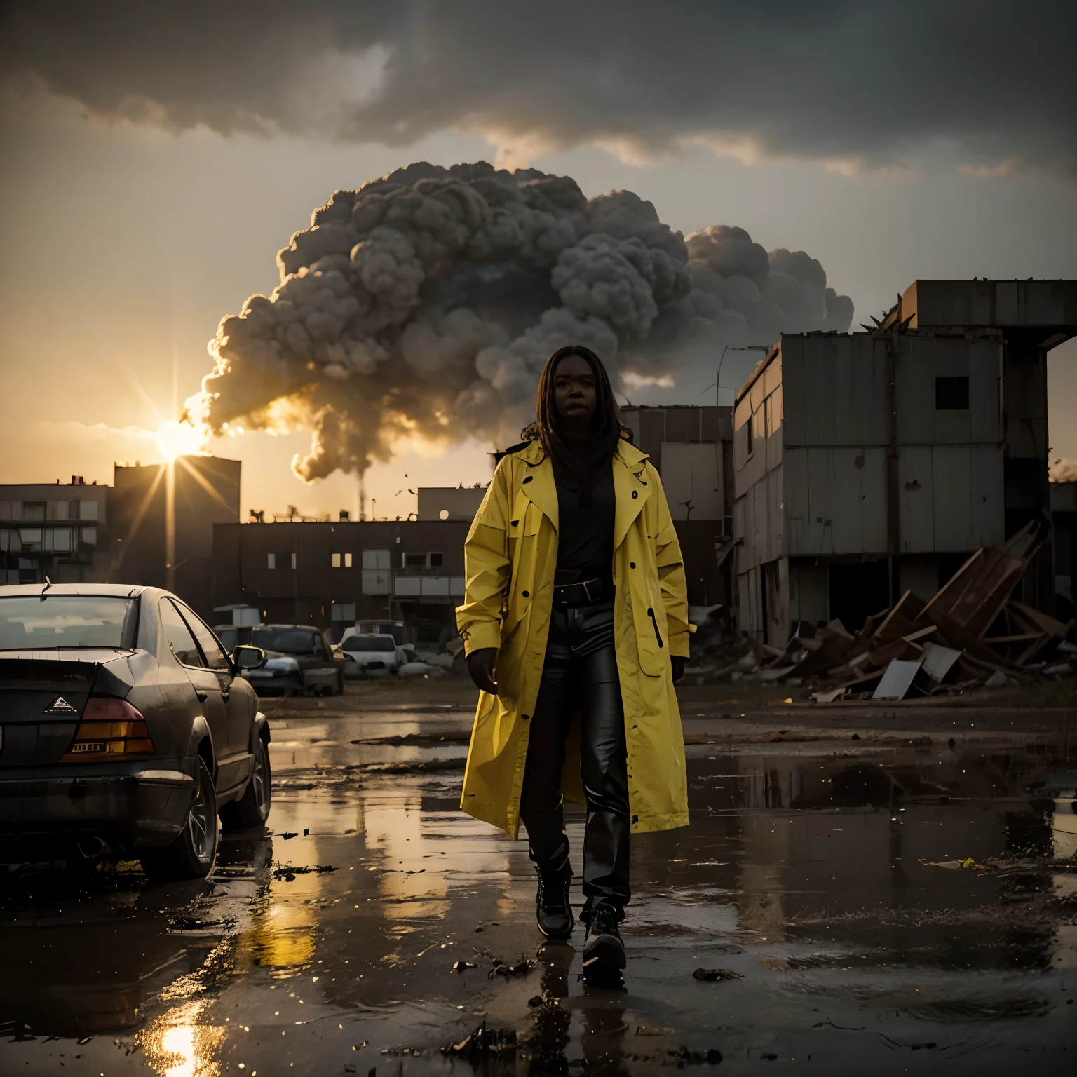 A black woman walking in a swamp wasteland surrounded by broken buildings and damaged cars, floating broken particles in air floating, sun shining a dark moody yellow light in the scene, the yellow light providing a yellow color grading, a thick yellow fog in the scene, cinematic lighting, 32k, ultra HD, hyper-realistic image , octane 3d rendering
