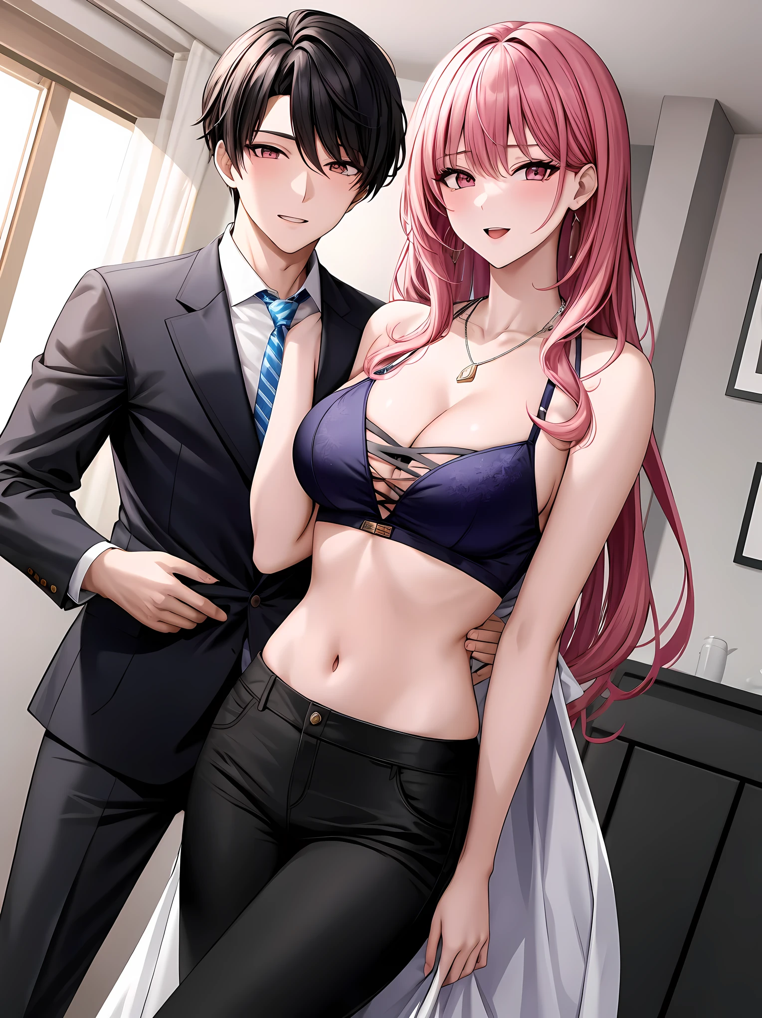 masterpiece , high resolution , best quality . Ultra-detailed , 16k , 8k cg壁紙 , one,happiness美滿的,年轻的one对,pretty Woman,handsome man,A newlywed couple on their honeymoon,happy,happiness,Woman white long hair:1.2,pink eyes,Ordinary treasure chest,thin,bare shoulders , split , necklace , navel , crop top , diaphragm,Boys wear suits,trousers , look at the audience , Front view , from before , Medium and long lens, shooting department