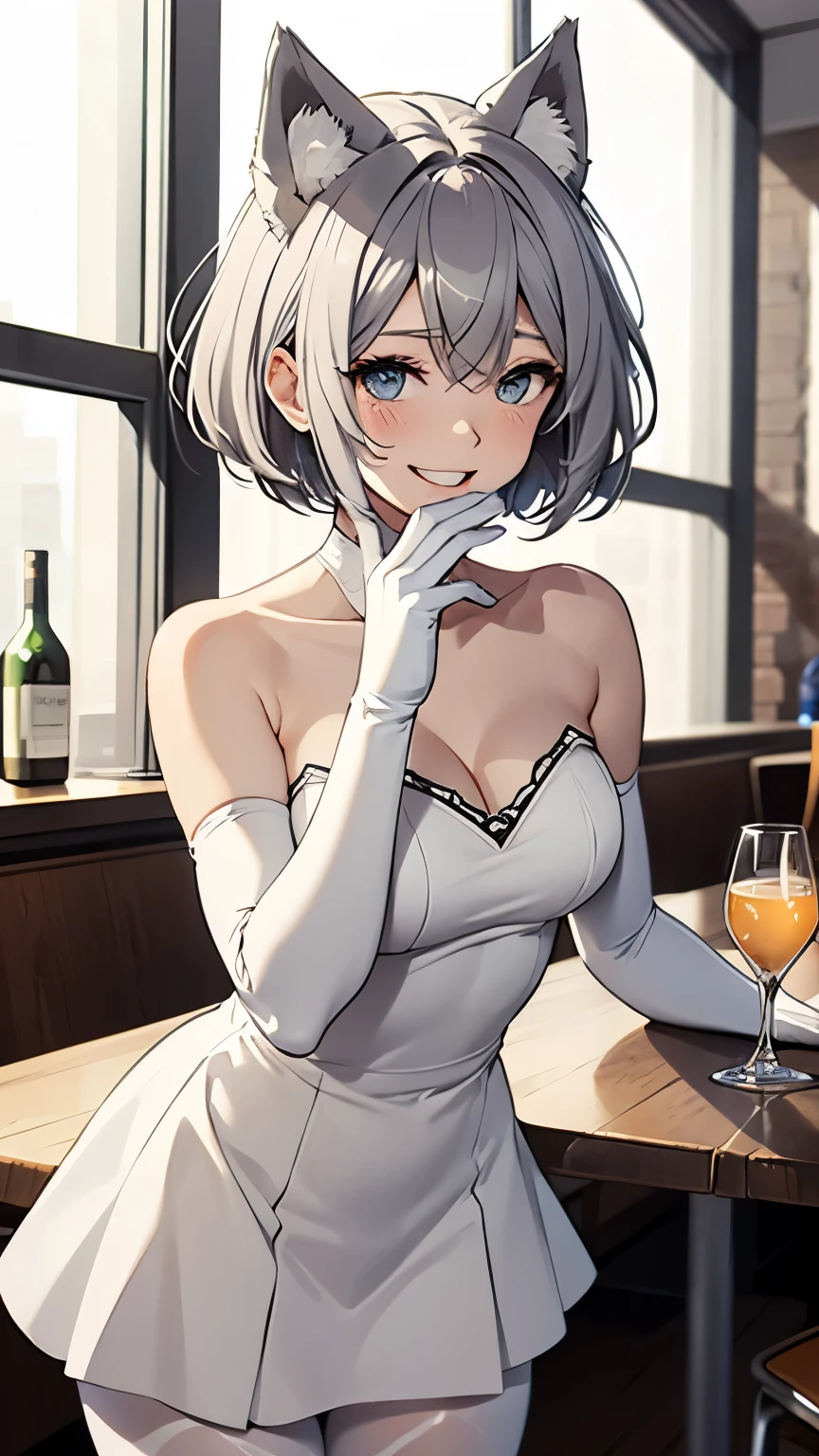 table top High level image quality best image quality 8k adult woman(I) white long gloves(elbow gloves) white pantyhose(blanche) White Cocktail Dress(Tube top) skirt I can see my underwear wolf ears short hair((shortcut)(gray hair)(Habitual hair)(fluffy)) eye color is blue laughter(Being drunk) party venue night drink alcohol put your hand on your face standing