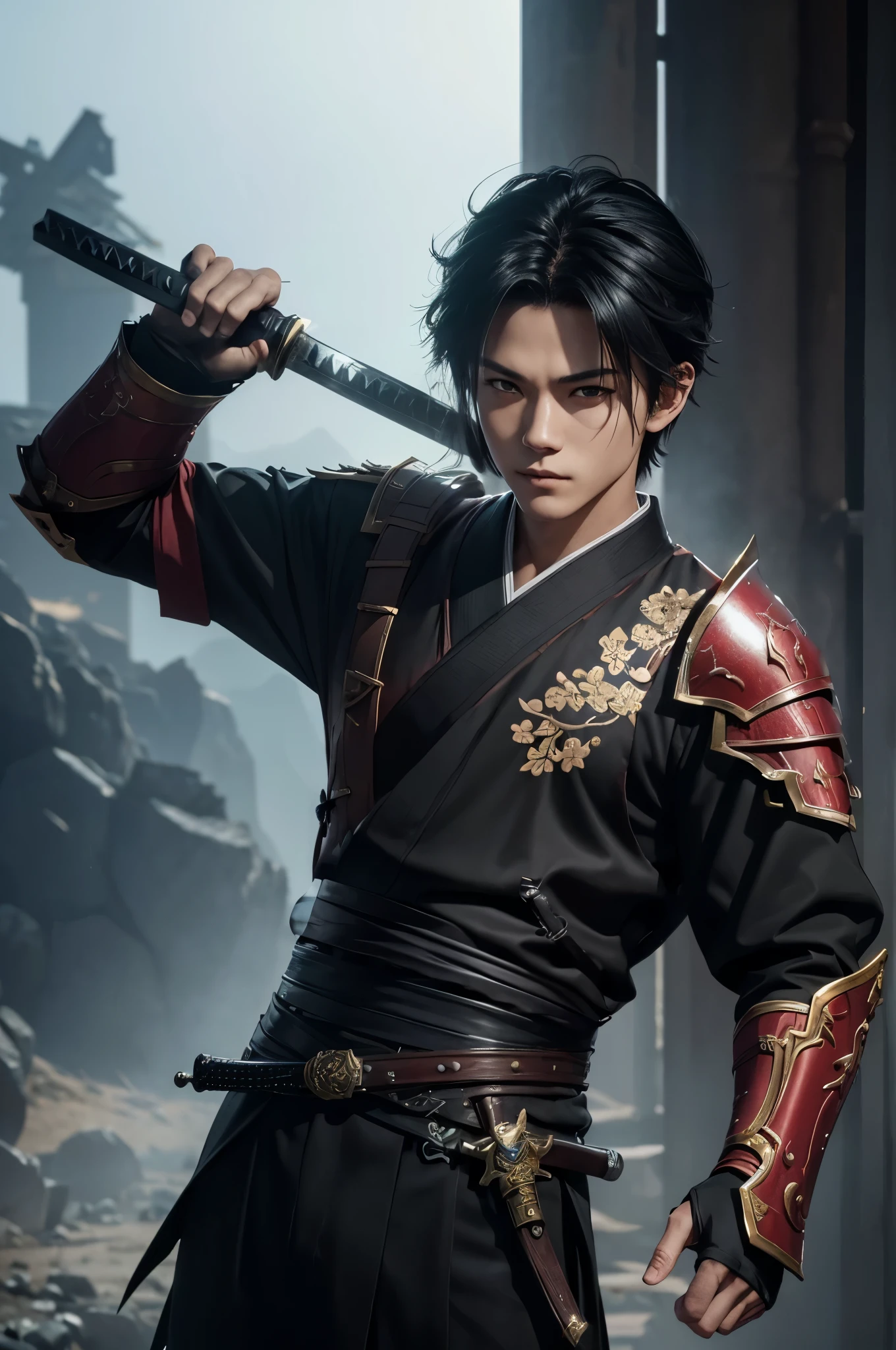 8k、alone、16 year old androgynous boy,Super handsome boy(like the real thing),black eyes,Super beautiful teenager,black short bob hair,black samurai armor,black pants(demon emblem),golden decoration,long and large Japanese sword,demon slayer androgynous boy,Remains,amazing work of art、wind effect:1.9、cloud effect:1.2、full rendering、Caustic soda coating、unreal engine、1 Japanese sword,An innocent expression,cool androgynous boy,ultra high resolution,super 超realistic skin,Super precise hand details,１Japanese sword and book,smile,battle scene,action scene,action pose,fighting style,Photorealistic RAW photos of the highest quality。Backlight, cinematic lighting, film grain, to be born, 50mm lens, Nikon D850,realistic skin,fantasy art,character art,ultra high resolution,muscular slim body,Muscular thin lower body,Precise facial details,Remains,perfect hands,cool androgynous handsome boy,landscape,Red Gauntlet(demon emblem),Red shoulder armor(demon emblem),large amount of dense red smoke(most),Super realistic smoke,