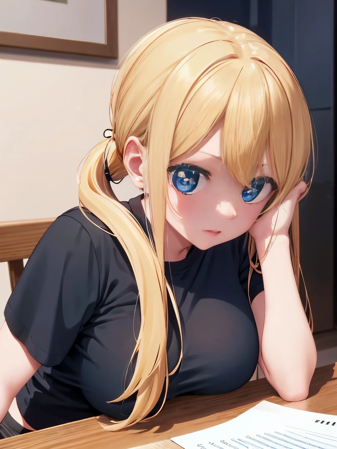 1woman,Sit at the dining table,talking,at night, in the apartment,close up photo,black t-shirt,black mini skirt,tennis skirt,Very big breasts,Blonde hair,long hair,ponytail,bangs,blue eyes,ultra detail,ultra Hd, masterpiece,4k