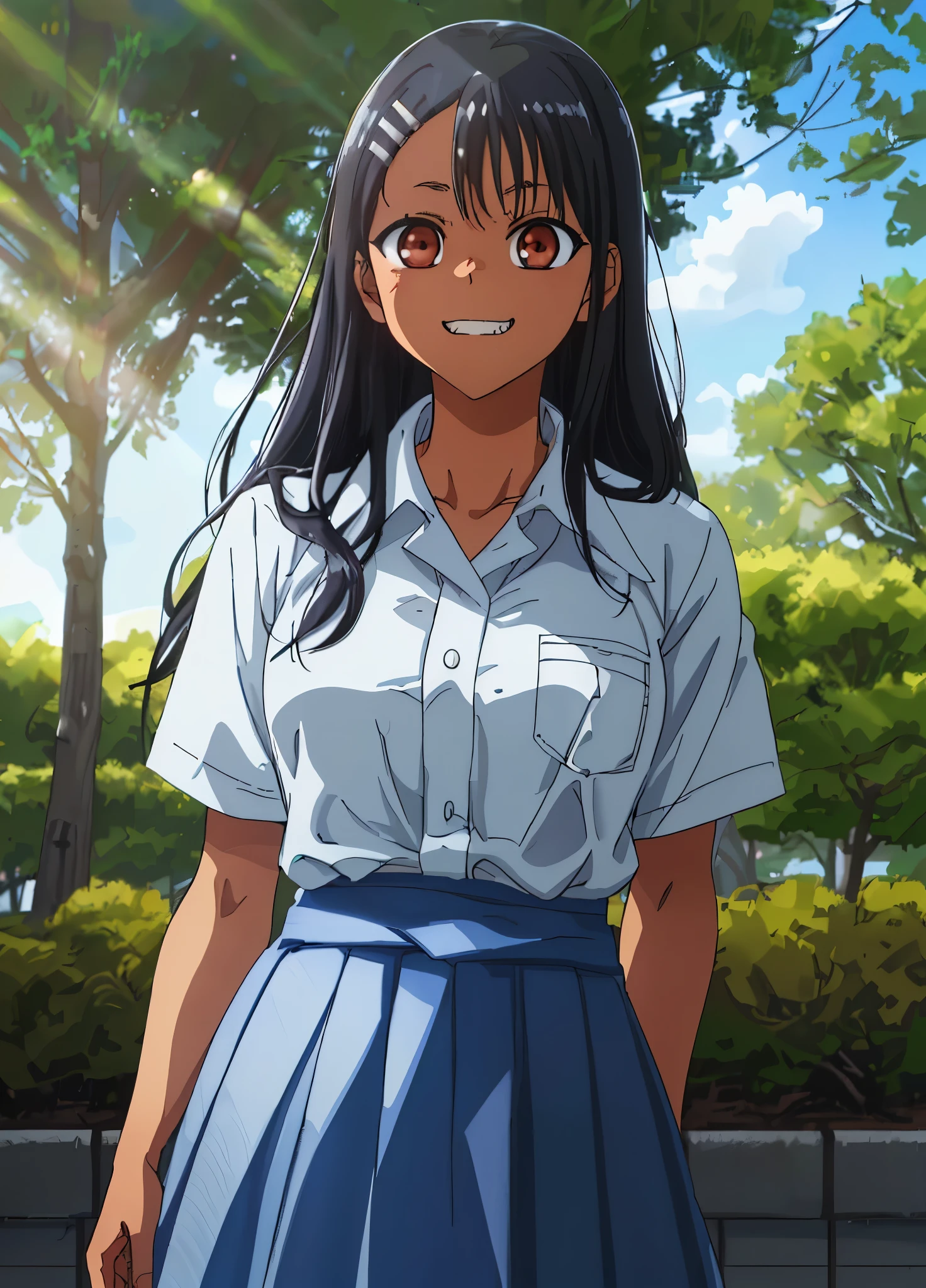 [Hayase Nagatoro], [Don't toy with me, nagatoro], ((masterpiece)), ((HD)), ((high res)), ((solo portrait)), ((waist-up), ((front view)), ((anime)), ((detailed shading)), ((beautiful render art)), ((cinematic lighting)), ((intricate details)), [nagatoro hayase, (cute Japanese woman), (slim figure), (dark skin), cute brown eyes, long black hair, (curvy hips), (cute grin)}, {(white button-up shirt), (rolled-up sleeves), (short blue skirt), (white hairclip)}, {(standing), (looking at viewer)}, [Background; (school yard), (trees), (blue sky), (sun rays)]