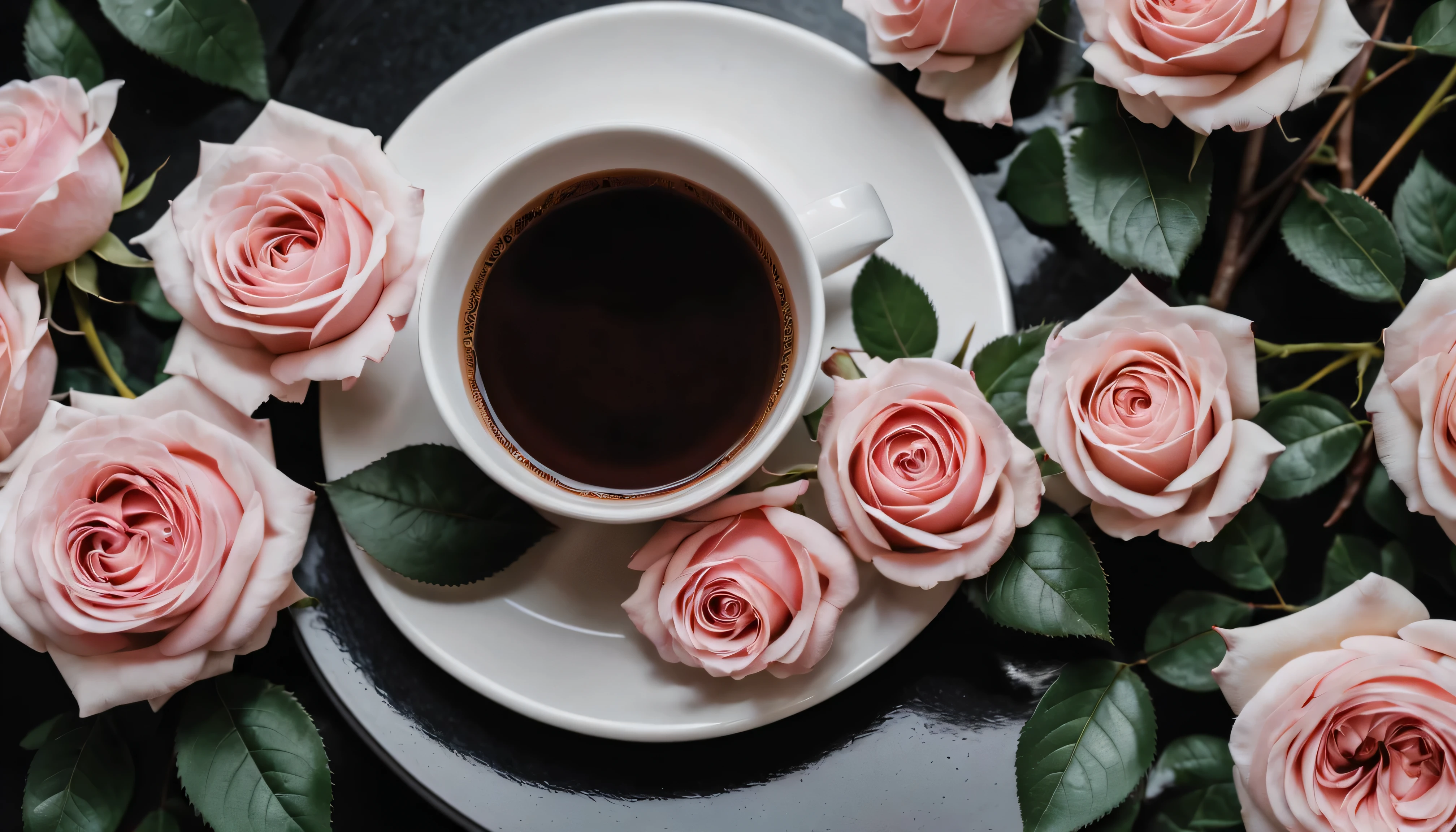 Filming/lens/movie shot.black and white photo of a a cup of coffee,Bouquet of pink layered roses flat lay. Flick, Art, hot coffee, steaming coffee, full of steaming coffee, a cup of coffee, ☕ on the table, morning coffee, Yes ((drink a tea)), black and white), coffee smell, Drink coffee, black and white color aesthetic(best quality,4k,8k,high resolution,masterpiece:1.2),super detailed.Contrast of light and shadow.Leave outer borders blank, from above, Wide-angle lens, anatomically correct, ultra high definition