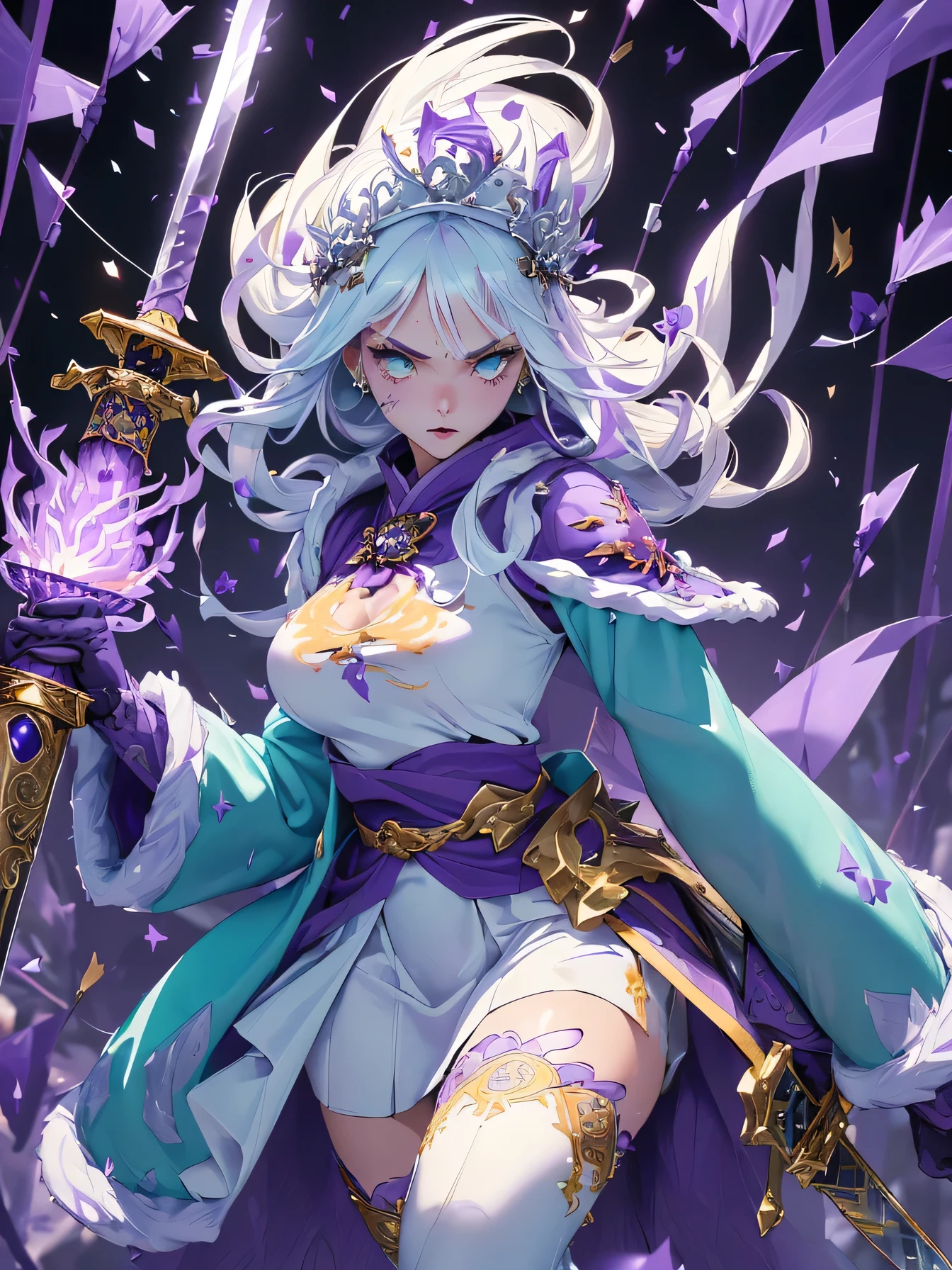 high resolution:1.7, incredibly absurdres, kawaii:1, cute:1.5, hires.fix, incredibly fine illustration,8k,masterpiece:1.2,best quality, high quality, exquisite, beautiful, insanely detailed, intricate detailed, extremely detailed, Super Definition, ultra high res, Super Resolution, best aesthetic, ultra detailed:1.5, best quality, perfect face, detailed face, masterpiece:1.2, illustration:1.2, 8k cg wallpaper, stunning art,absurdres,octane render,ultra hires,cute girl, (kunoichi:1.2), blond hair,long hair,intricate eyes,beautiful detailed eyes,symmetrical eyes,(wide eyes:1.4,big green eyes,enchanting bright eyes studded with gold and silver dust,wet crystal eyes),(finely detailed beautiful eyes),(((pinky skin,glowing_skin,lustrous skin:1.5,bright skin: 1.5,skin tanned,shiny skin,very shiny skin,shiny body,plastic glitter skin,exaggerated shiny skin,illuminated skin))),upward breasts,(detailed body,(detailed face)),lean body,waist slender,leg slender,best relationship with four fingers and one thumb,(Japanese clothes),kimono,ninja, (kunoichi uniform), (gauntlet:1.2), (greave:1.2), (gaiter:1.2), (purple flame:1.5), (red fire:1.5), (holding white flame sword:1.5), (holding blue energy sword:1.3), (purple flame katana:1.3), (swing a purple flame sword:1.3),
battle,fight,(action pose: 1.4),(vengeful spirit come's attack), (vs vengeful spirit),(purple confetti:1.5),(cave),tentacles,dungeon,(dutch angle),dark mystic ruins