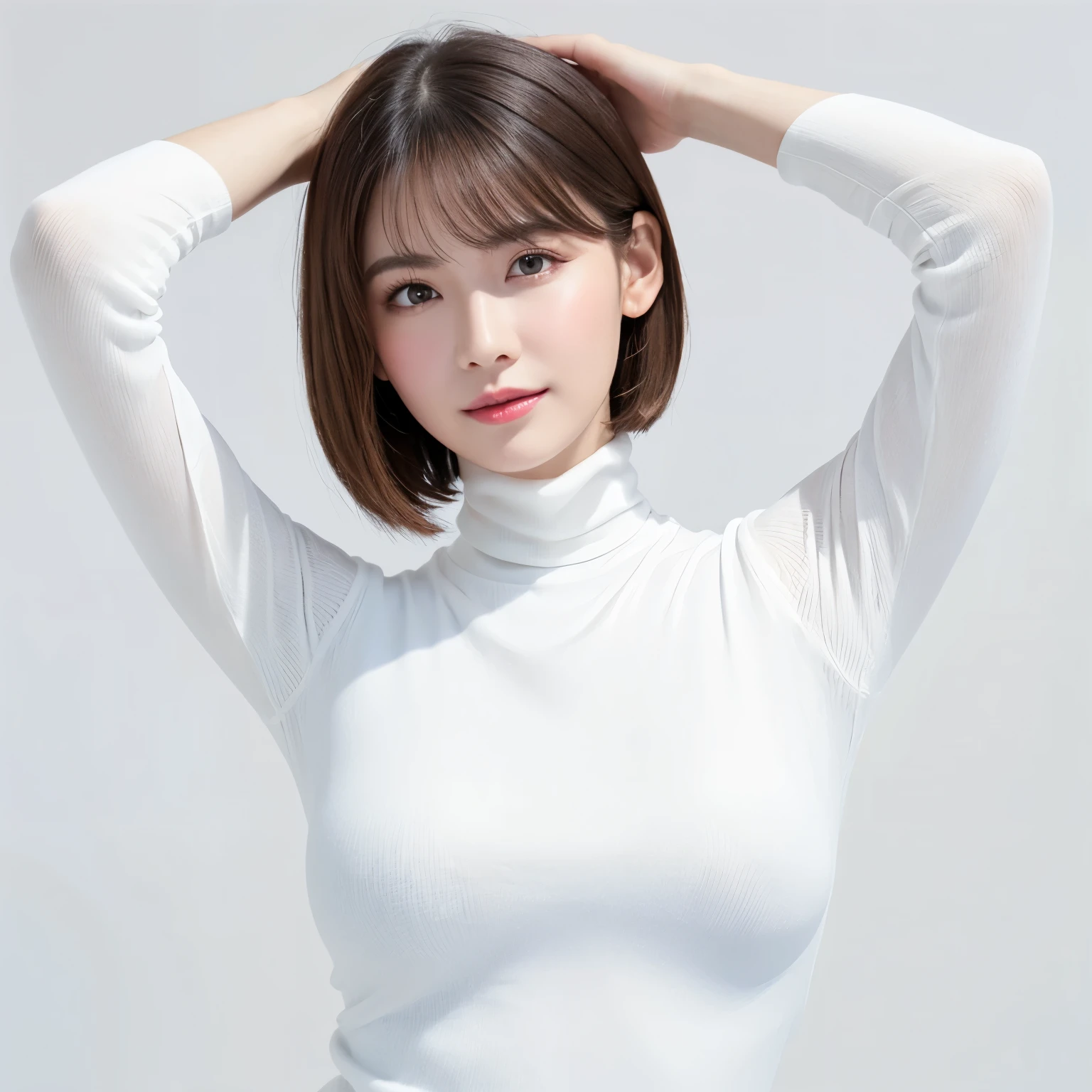 (highest quality、table top、8k、best image quality、Award-winning work)、One cute beauty、(straight short hair:1.1)、(alone:1.1)、(White tight see-through turtleneck knit:1.3)、(The simplest pure white background:1.7)、(Perfectly fixed on the front:1.1)、close up of face、(very big breasts:1.2)、(emphasize body line:1.2)、close up of face、(Perfect frontal and horizontal portrait of a woman with proper white space:1.2)、(Perfect depiction of a woman horizontally and from the front:1.2)、beautiful and detailed eyes、look at me and smile、(Upright photo from the chest up:1.2)、(turn around and look straight at me:1.2)、perfect makeup、Ultra high definition beauty face、ultra high definition hair、Super high-definition sparkling eyes、Super high resolution glossy lips、accurate anatomy、very beautiful skin、(Pure white skin that shines with ultra-high resolution:1.1)、Elegant upright posture when viewed from the front、(very bright:1.2)