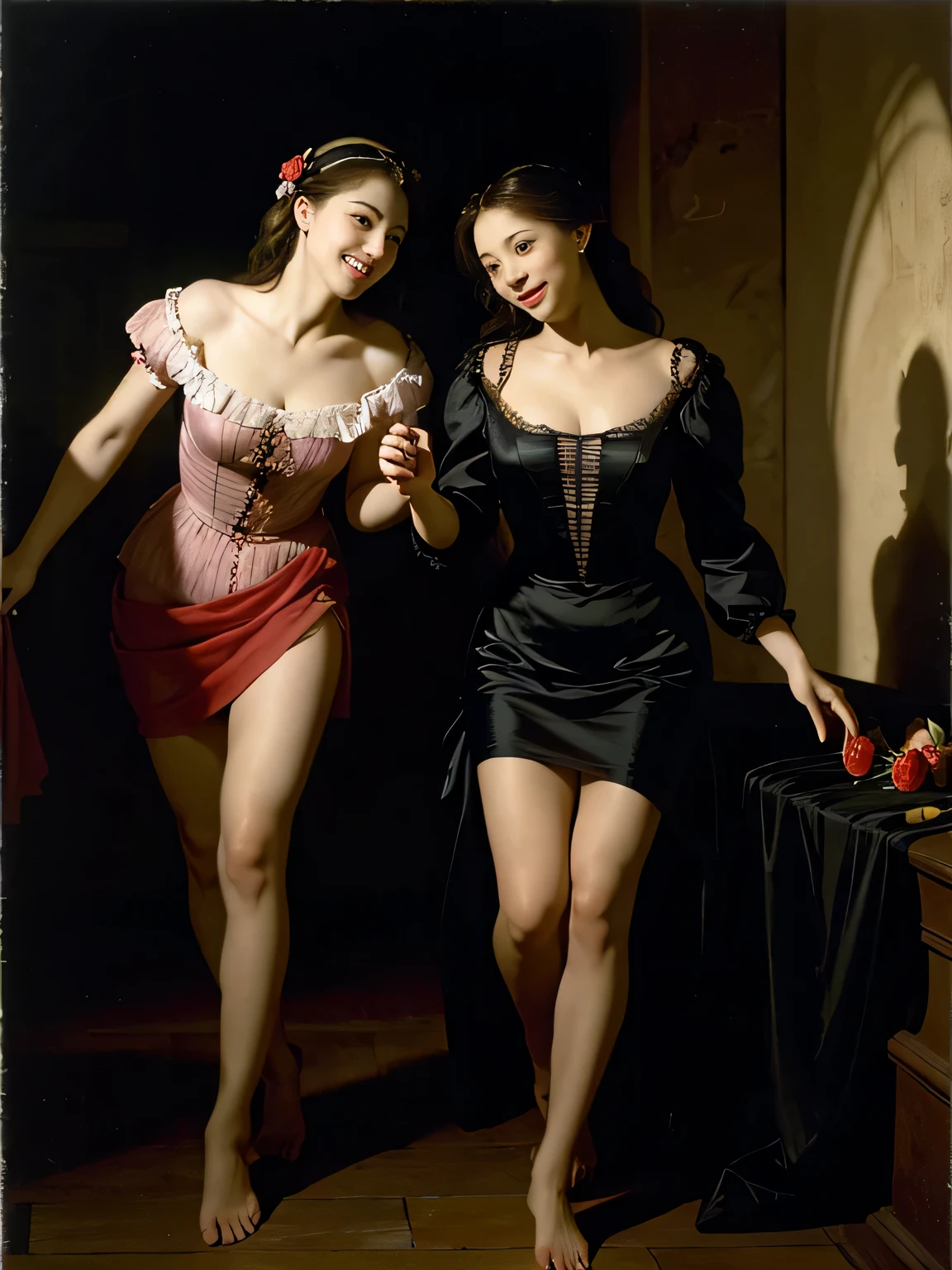 full body portrait ,fruits,Rose ,flower,Rosa,antique,A smile,,Sweet and seductive appearance.、Rubens paintings、Chiaroscuro of Caravaggio,Two women frolicking,Cute smile, Expression of ecstasy,sexy