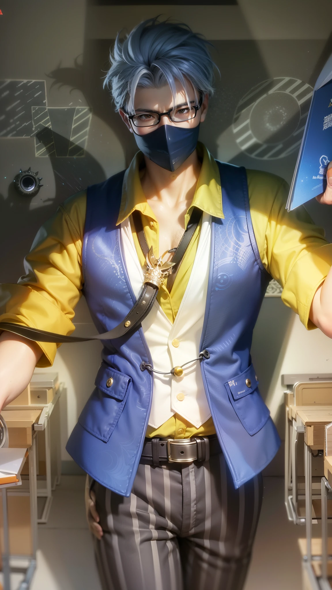 anime character with a mask and glasses holding a book, inspired by Cao Buxing, range murata and artgerm, style ivan talavera and artgerm, style of artgerm, sakimichan frank franzzeta, artgerm. high detail, character splash art, inspired by Huang Shen, artgerm. anime illustration, strong yellow eye glow (yellow eye:1.2).
