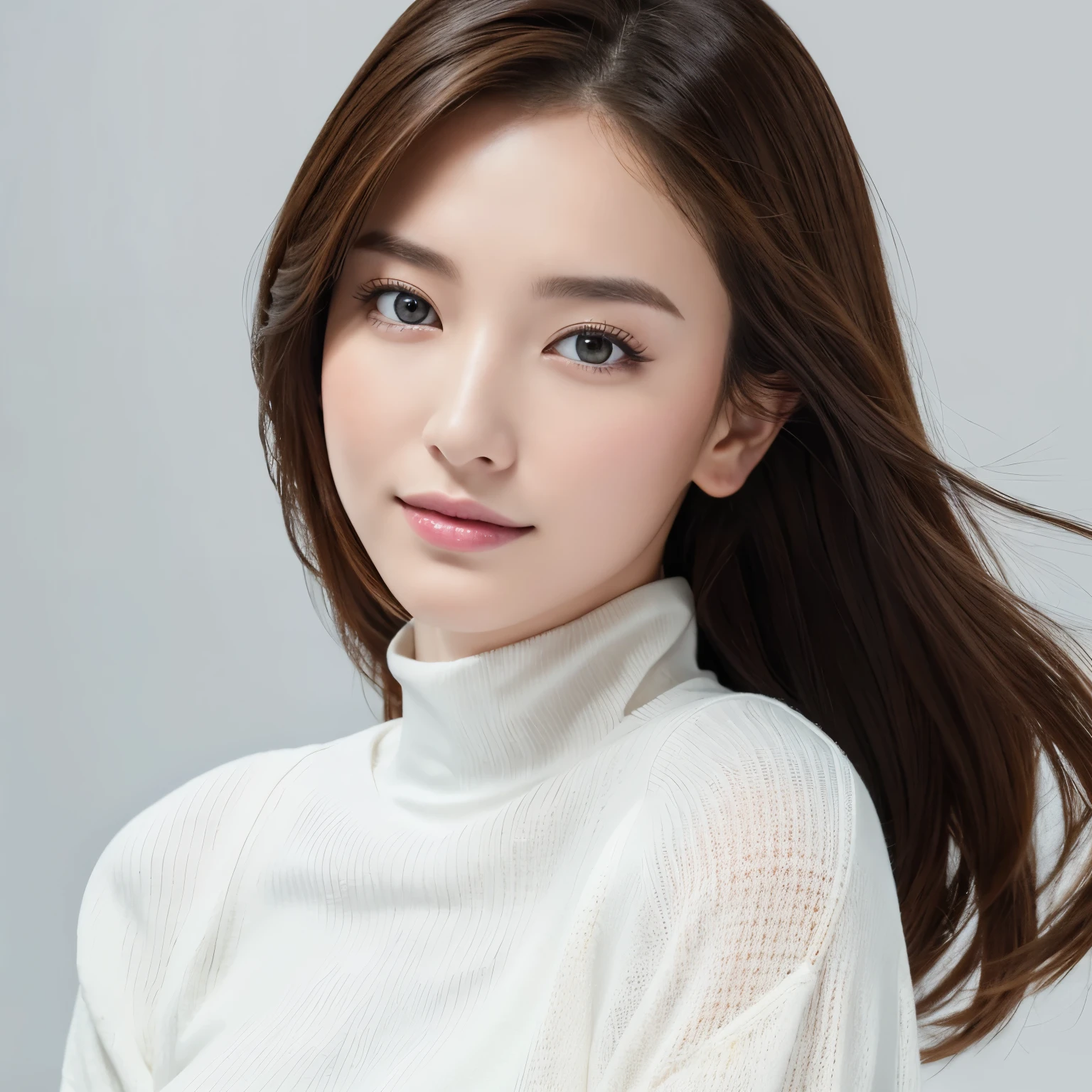 (highest quality、table top、8k、best image quality、Award-winning work)、One cute beauty、(alone:1.1)、(White tight see-through turtleneck knit:1.3)、(The simplest pure white background:1.3)、(Perfectly fixed on the front:1.1)、close up of face、(very big breasts:1.2)、(emphasize body line:1.2)、close up of face、(Perfect frontal and horizontal portrait of a woman with proper white space:1.2)、(Perfect depiction of a woman horizontally and from the front:1.2)、beautiful and detailed eyes、look at me and smile、(Upright photo from the chest up:1.2)、(turn around and look straight at me:1.2)、perfect makeup、Ultra high definition beauty face、ultra high definition hair、Super high-definition sparkling eyes、Super high resolution glossy lips、accurate anatomy、very beautiful skin、(Pure white skin that shines with ultra-high resolution:1.1)、Elegant upright posture when viewed from the front、(very bright:1.2)