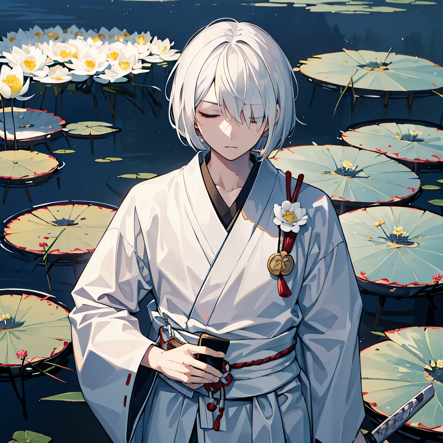 a young man, expressionless, neutral, hair over one eye, Japanese ink, bob cut, white hair, eyes closed, upper body, miko, Samurai, a Japanese sword slung diagonally across the waist, Water lilies in the background