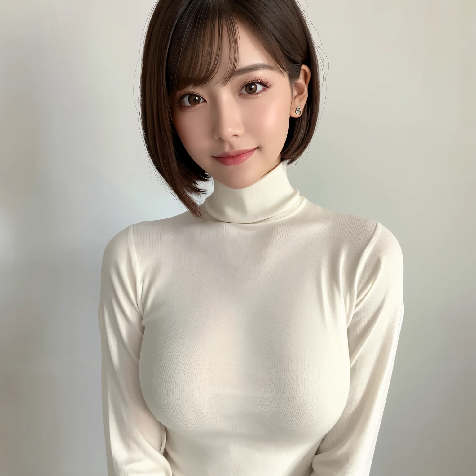 (highest quality、table top、8k、best image quality、Award-winning work)、One cute beauty、(straight short hair:1.1)、(alone:1.1)、(White tight see-through turtleneck knit:1.2)、(The simplest pure white background:1.2)、(Perfectly fixed on the front:1.1)、close up of face、(very big breasts:1.2)、(emphasize body line:1.2)、close up of face、(Perfect frontal and horizontal portrait of a woman with proper white space:1.2)、(Perfect depiction of a woman horizontally and from the front:1.2)、beautiful and detailed eyes、look at me and smile、(Upright photo from the chest up:1.2)、(turn around and look straight at me:1.2)、perfect makeup、Ultra high definition beauty face、ultra high definition hair、Super high-definition sparkling eyes、Ultra high definition perfect teeth、Super high resolution glossy lips、accurate anatomy、very beautiful skin、(Pure white skin that shines with ultra-high resolution:1.1)、Elegant upright posture when viewed from the front、(very bright:1.2)