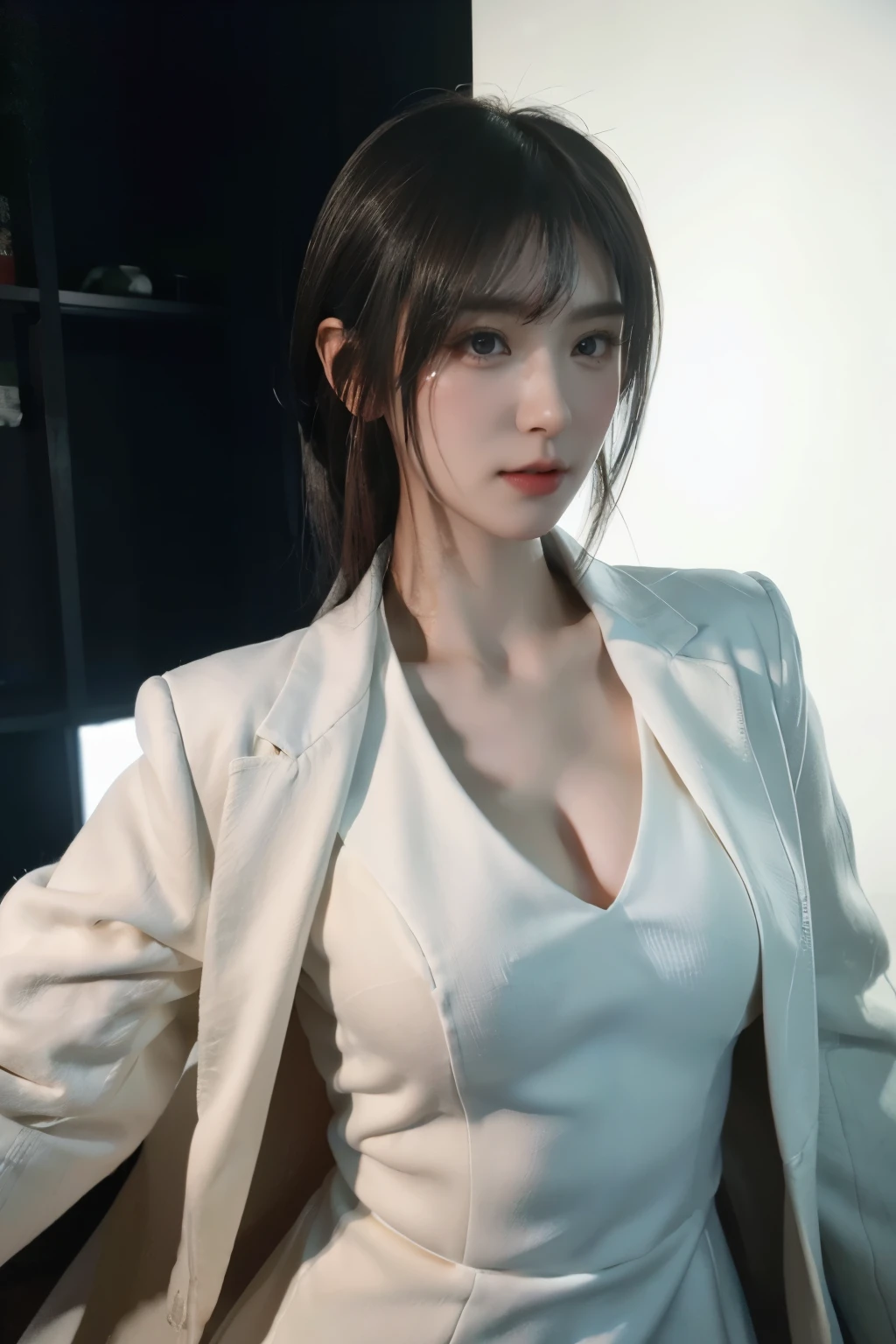 Masterpiece,Game art,The best picture quality,Highest resolution,8K,(A bust photograph),(Portrait),(Head close-up),(Rule of thirds),Unreal Engine 5 rendering works,
Full body female love,20 year old girl,Short hair details,With long bangs,(white hair),red eyes,Elegant and elegant,(Wearing a white coat),shut your mouth,serious yet charming,(scholar),photo poses,Sci-fi style laboratory,white room,
Movie lights，Ray tracing，Game CG，((3D Unreal Engine))，OC rendering reflection pattern