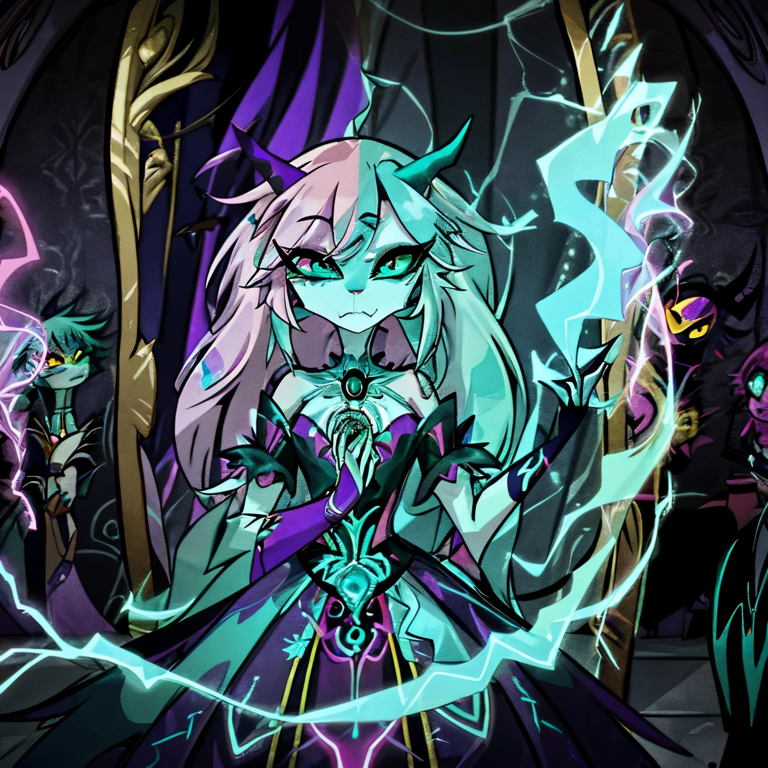 Radiating an aura of dark allure, the trans female demon hellborn embodies the essence of an underworld deity. Her captivating appearance merges a mesmerizing color palette of Dark Purple, Bright Pink, Yellow, Turquoise, and Teal Green, creating a visual symphony of contrasting hues that reflects her celestial origins and powerful presence. Enveloped in velvety Dark Purple skin with intricate Bright Pink markings, her ethereal form exudes otherworldly elegance. Her vibrant Yellow eyes hold a captivating intensity, while cascading locks of Turquoise hair, adorned with jewels and feathers, mirror her supernatural essence. Swathed in a billowing gown of Teal Green, rippling with ethereal patterns, she exudes strength and resilience. As a trans female demon hellborn, she embraces her identity with fierce determination, embodying the transformative power of self-acceptance. Her appearance, with its Dark Purple, Bright Pink, Yellow, Turquoise, and Teal Green color palette, serves as a testament to her divine nature and her role as a powerful underworld deity, balancing darkness and light in her captivating presence. ((solo)), ((1character))
