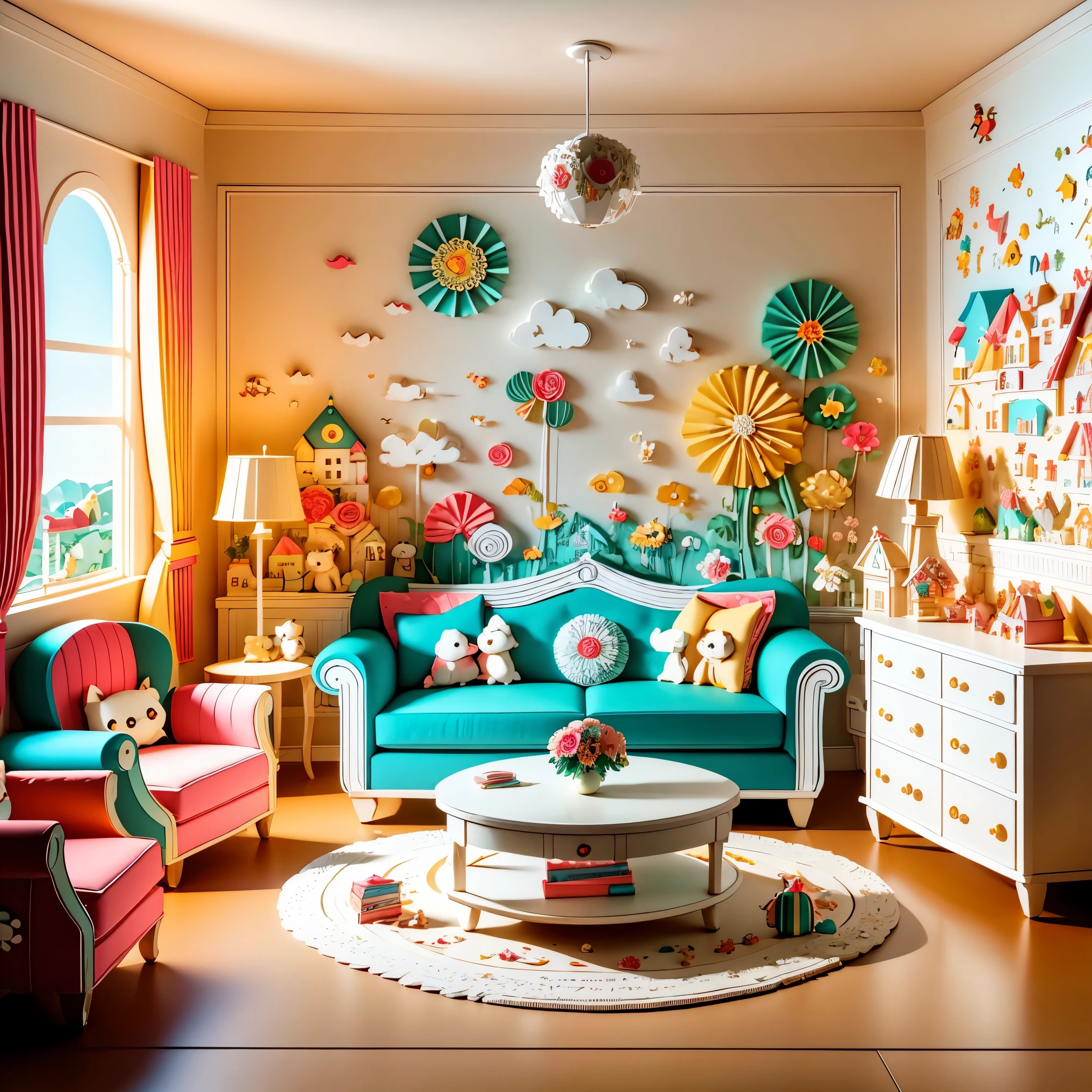 (masterpiece, best quality:1.2), 3d paper cut style, classic, cartoon, cute, living room paper cut art, playful and cute room decoration, paper art furniture, sofas, chairs and tables made of folded and cut paper, bright colors, whimsical patterns, walls decorated with animals, Flowers, landscapes and other paper art cartoons