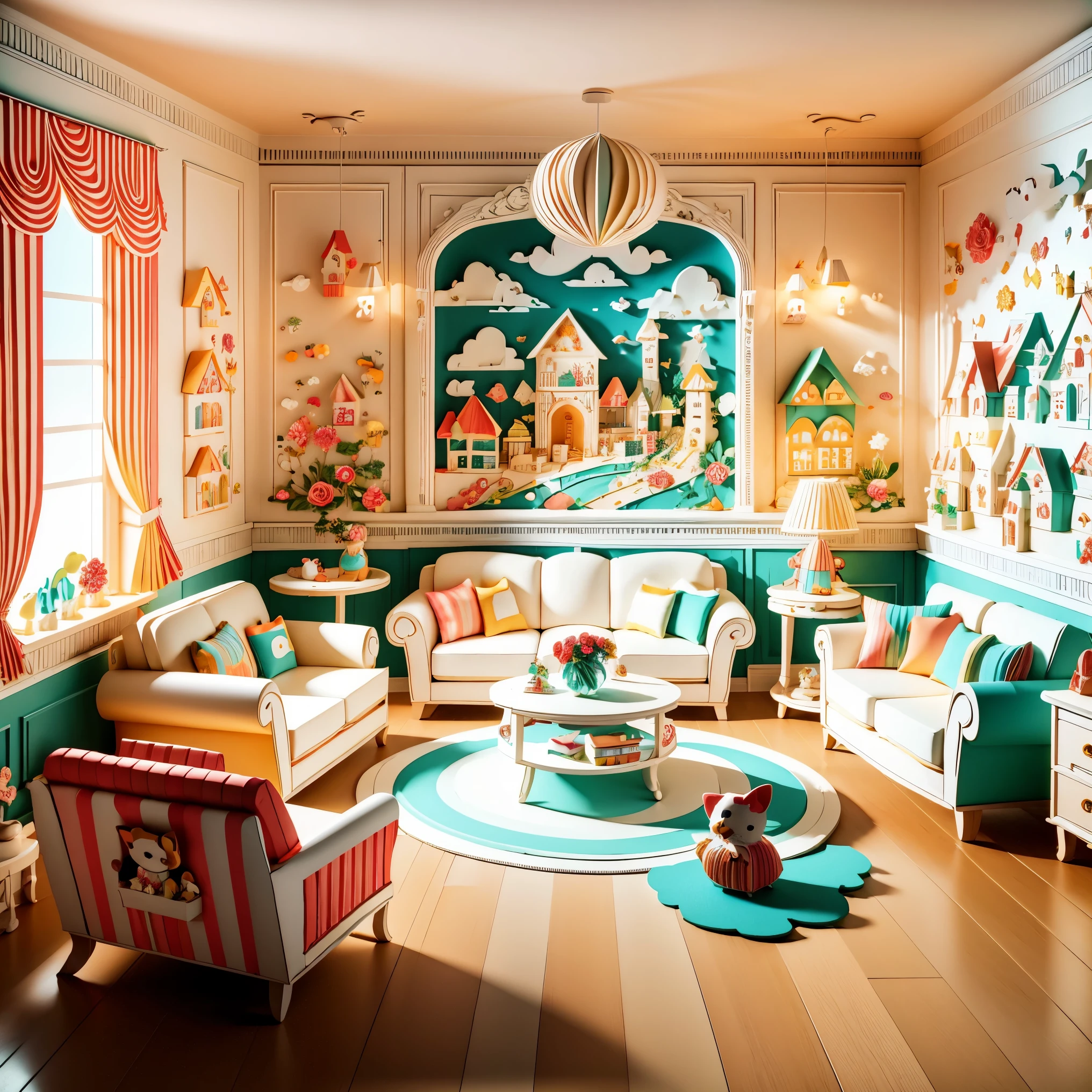 (masterpiece, best quality:1.2), 3d paper cut style, classic, cartoon, cute, living room paper cut art, playful and cute room decoration, paper art furniture, sofas, chairs and tables made of folded and cut paper, bright colors, whimsical patterns, walls decorated with animals, Flowers, landscapes and other paper art cartoons