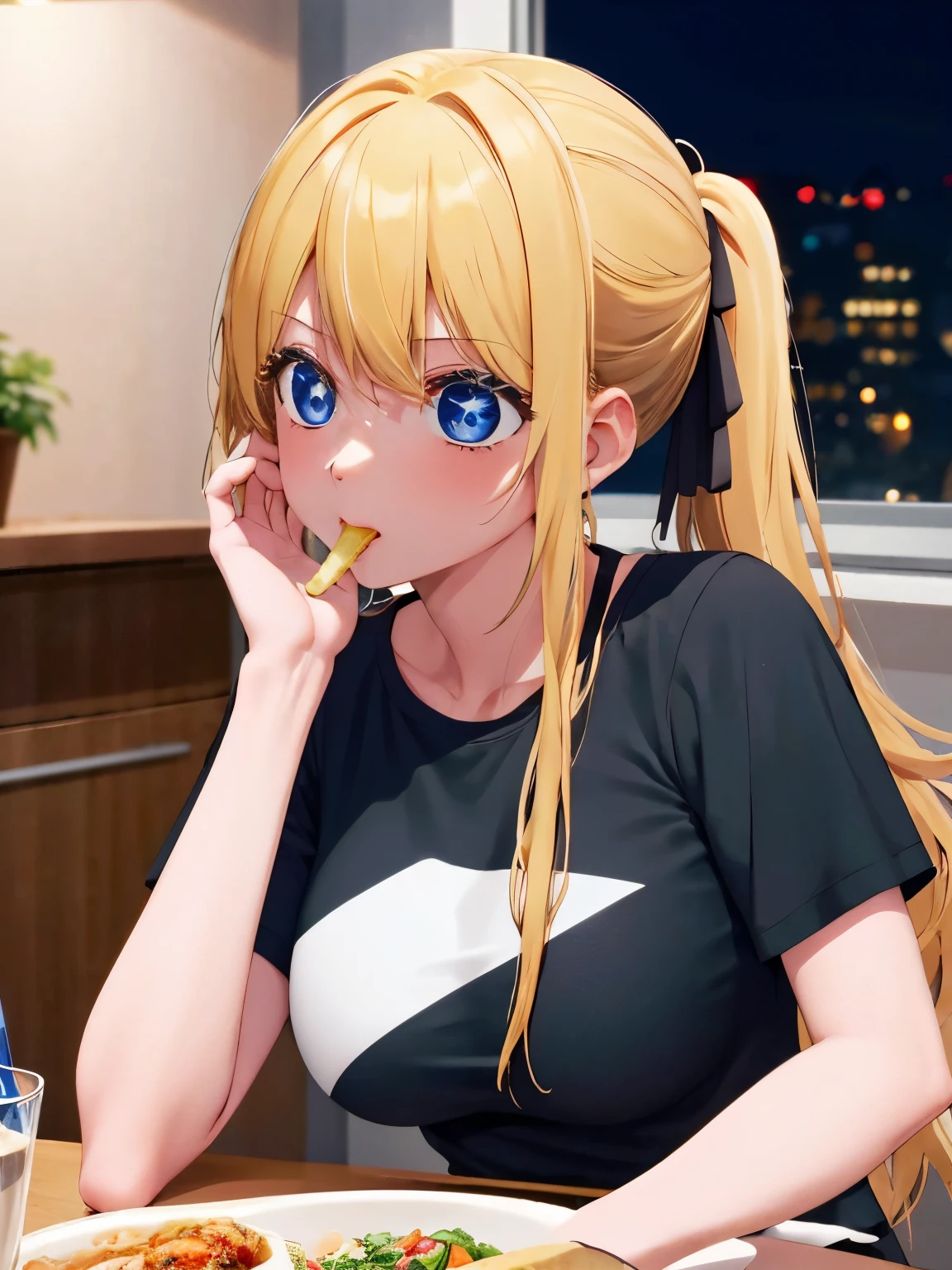 1woman,Eating at the dinner table,,talking,at night, in the apartment,close up photo,black t-shirt,black mini skirt,tennis skirt,Very big breasts,Blonde hair,long hair,ponytail,bangs,blue eyes,ultra detail,ultra Hd, masterpiece,4k