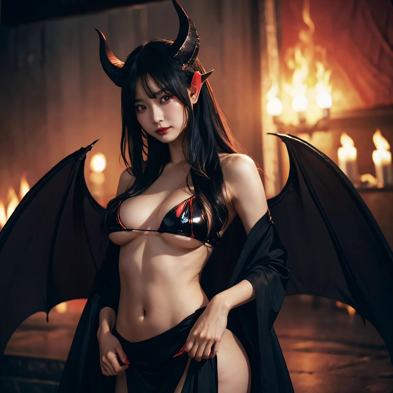 sexy asian succubus in hell, dancing in the flames, big , slim waist, wide hips, toned body, red eyes, pointed ears, goat horns, demon tail, sexy dark robe, big black bat wings, wet body, (cinematic photo:1.2) . 35mm photograph, film, bokeh, professional, highly detailed