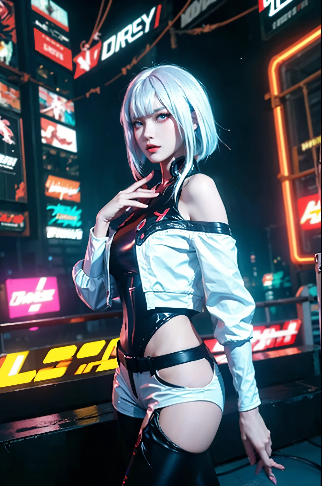 lucy_cyberpunk, cowboy shot, 1 sweet girl,white short hair, bangs, ((red eyeliner)), ((makeup)),red lips, white off-shouler jacket, black bodysuit, bare shoulders, white shorts, hip vent, (dynamic pose), looking at viewer, upper body,fantasy, high contrast,cityscape, neon lights, neon trim, ((cyberpunk)),