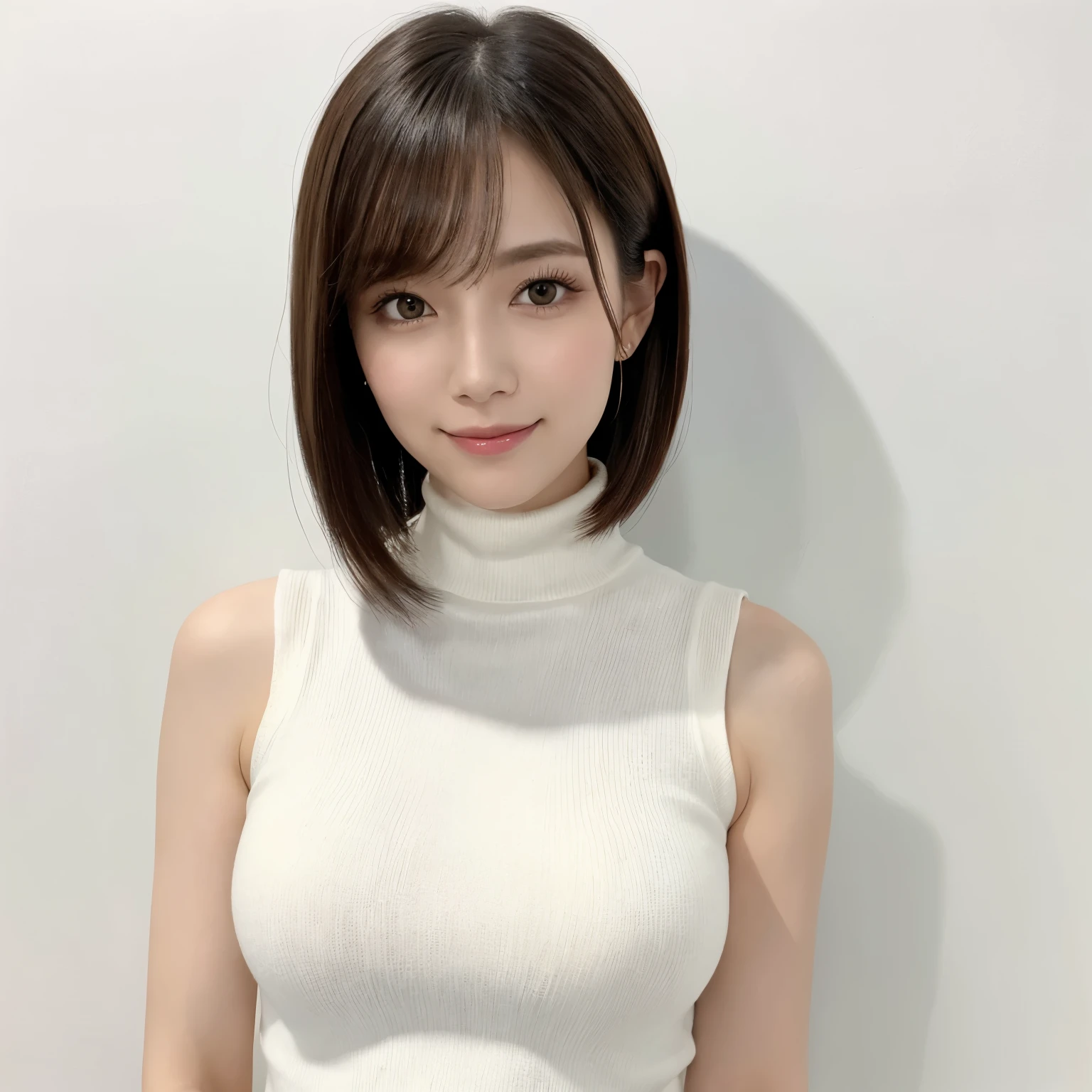 (highest quality、table top、8k、best image quality、Award-winning work)、One cute beauty、short hair、(alone:1.15)、(White snug sleeveless turtleneck knit:1.2)、(The simplest pure white background:1.2)、(Perfectly fixed on the front:1.1)、close up of face、(very big breasts:1.2)、(emphasize body line:1.2)、close up of face、(Perfect frontal and horizontal portrait of a woman with proper white space:1.2)、(Perfect depiction of a woman horizontally and from the front:1.2)、beautiful and detailed eyes、look at me and smile、(Upright photo from the chest up:1.2)、(turn around and look straight at me:1.2)、perfect makeup、Ultra high definition beauty face、ultra high definition hair、Super high-definition sparkling eyes、Ultra high definition perfect teeth、Super high resolution glossy lips、accurate anatomy、very beautiful skin、(Pure white skin that shines with ultra-high resolution:1.1)、Elegant upright posture when viewed from the front、(very bright:1.2)