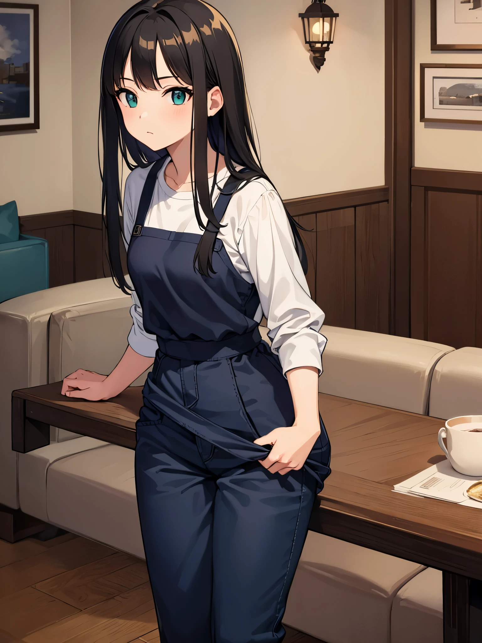 masterpiece, highest quality, 1 girl, green eyes、long black hair, blue jersey, navy blue pants、living room at home
