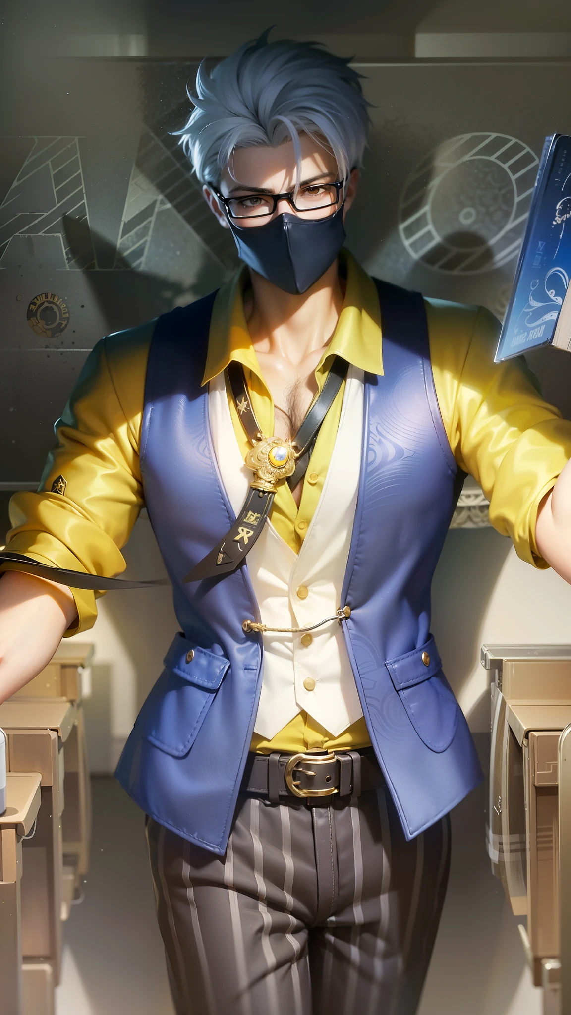 masculine male, masterpiece, ((perfect eyes)) best quality, (semirealism:1.9), beautiful lighting, (extremely detailed CG unity 4k fhd wallpaper), High Detail, Sharp focus, dramatic outdoors, 1 boy, 25 years old, white short hair, anime character with a mask and glasses holding a book, inspired by Cao Buxing, range murata and artgerm, style ivan talavera and artgerm, style of artgerm, sakimichan frank franzzeta, artgerm. high detail, character splash art, inspired by Huang Shen, artgerm. anime illustration, strong yellow eye glow (yellow eye:1.2)