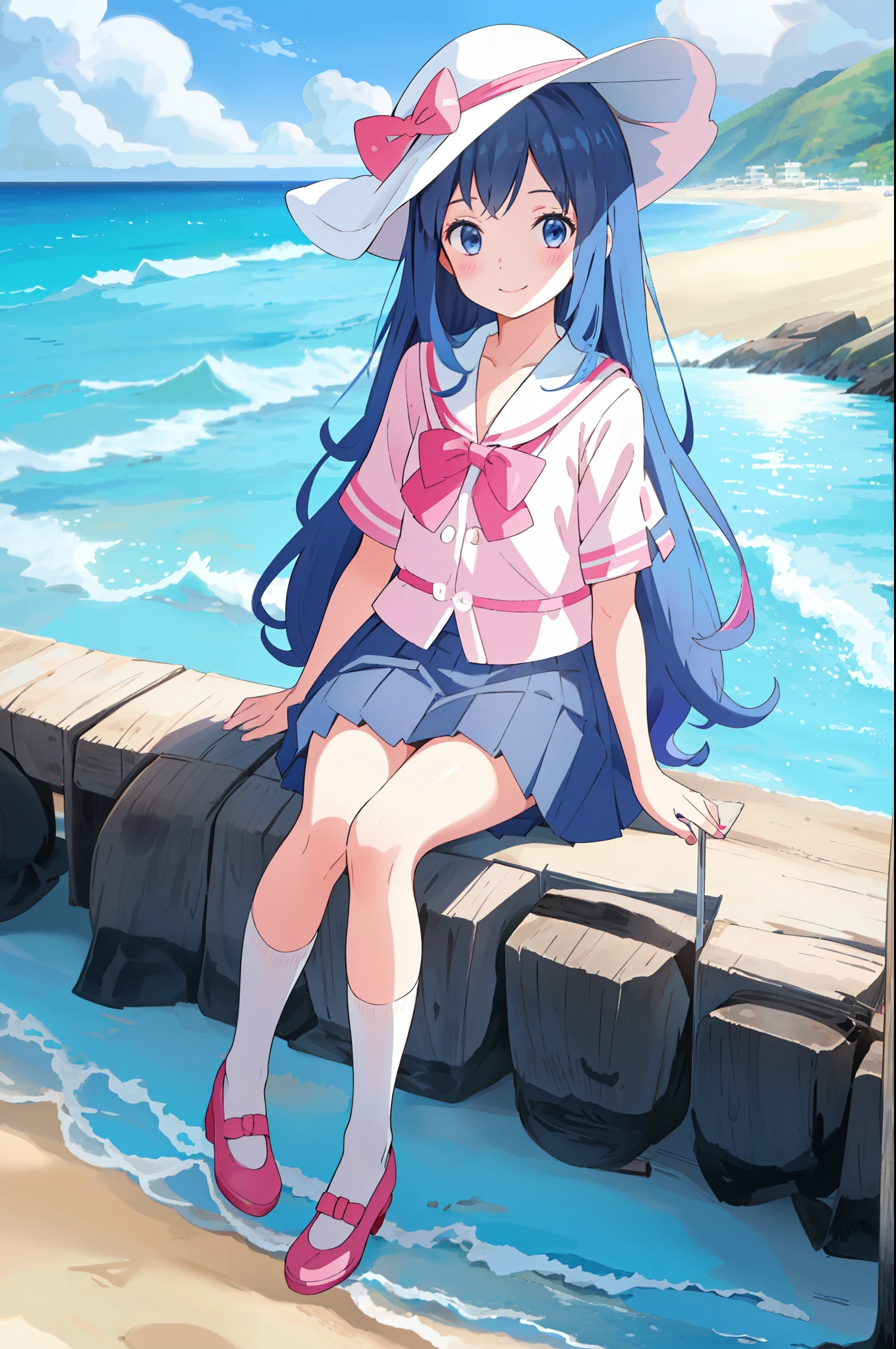 1 ,long hair,pink pleated skirt,hat with bow,High heel,Positive face,Bangs,blue eyes,blue hair,curls,summer,beach,seaside,Smile,sitting position,white socks,Mary Jane shoes