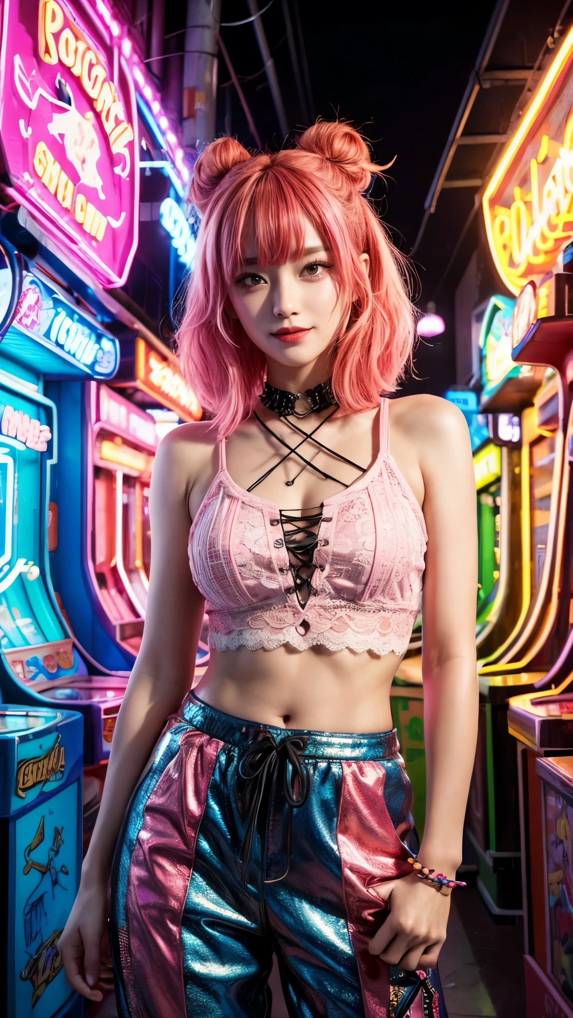 1GIRL, smily, smile, beautiful girl, neonpunk girl beautiful face, sassy theme style, fine details, (best quality), (intricate details), futuristic style, funky sporty style, colorful, neon arcade lit room, put it in the arcade, ((red pink hair)), best quality, ((sport lace up top, babylon trousers)), (beautiful style)), beautiful face, beautiful smile, funny, cute face, pinup, perfect face, neon arcade lit room (masterpiece : 1.2, top quality), (original image, intricate details), (1 woman, solo, upper body, chest) Clothing: sharp, stylish, cool, fashionable, non-standard, avant-garde, experimental Appearance: hair popular women or cute colors, natural makeup, unusual fashion choices, idol stars Behavior: cool, non-conformist, stylish Place: neon arcade lit room, Underground Music World Hobbies: wants to have fun and colors colorful, creating art in mixed media, experimenting with subcultures Different values: individuality , authenticity, creative expression Sources of inspiration: beautiful and cute, counterculture icons, avant-garde art movements Character traits: bold, online, non-standard . Top image, middle image, front look