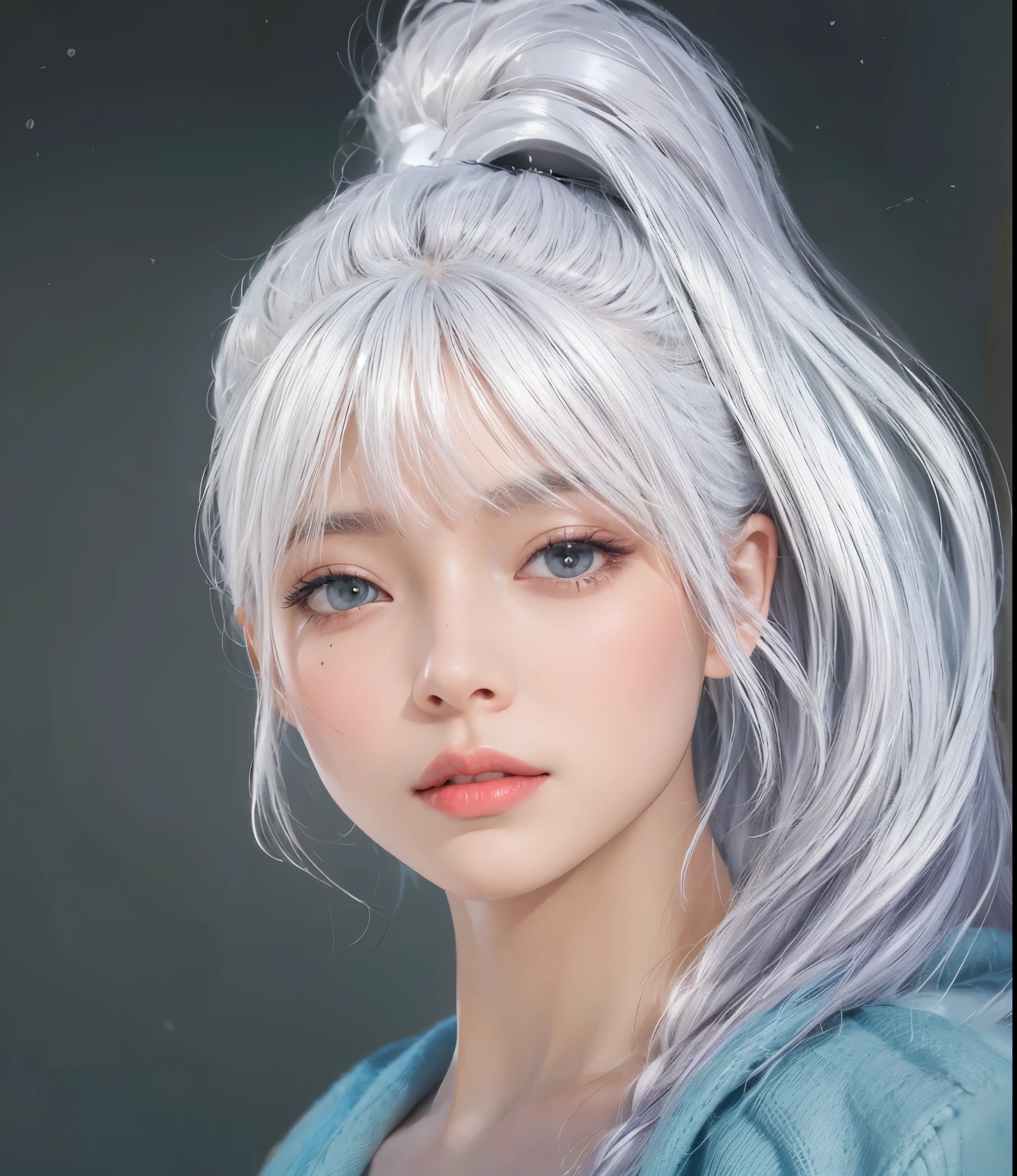 realistic, High resolution, soft light, 1 female, alone, hip up, look at the audience, (detailed face), gray hair, long hair, uniform, jewelry