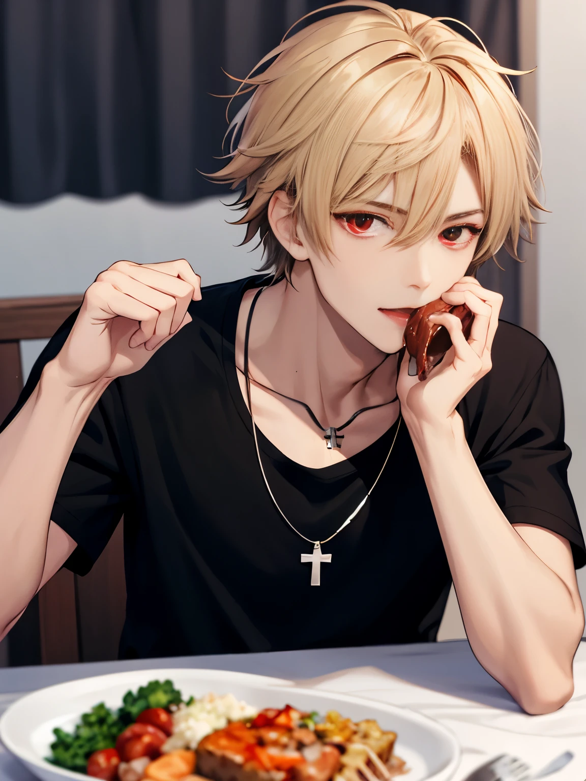 1 boy,solo,20 years old,guy,Eat meat at the dinner table, at night,HD face,Focus on face,cross necklace,handsome,messy hair,Perfect face, detailed face, short hair, blonde hair,black t-shirt, Plain t-shirt,black t-shirt,short sleeve t-shirt,black trousers, Long pants,red eyes,bright red eyes, vampire