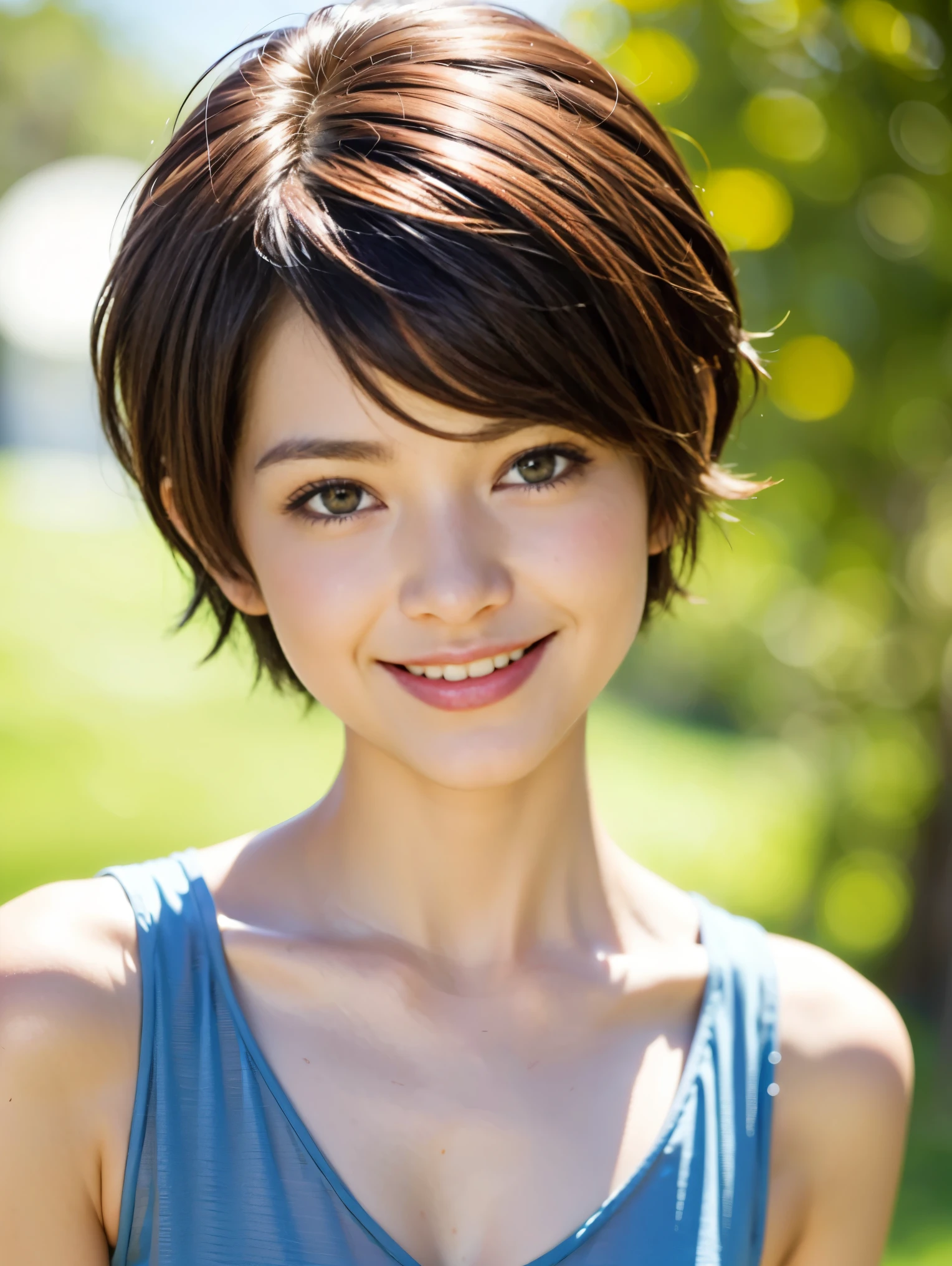 Pixie cut as short hair, brown hair and smile 