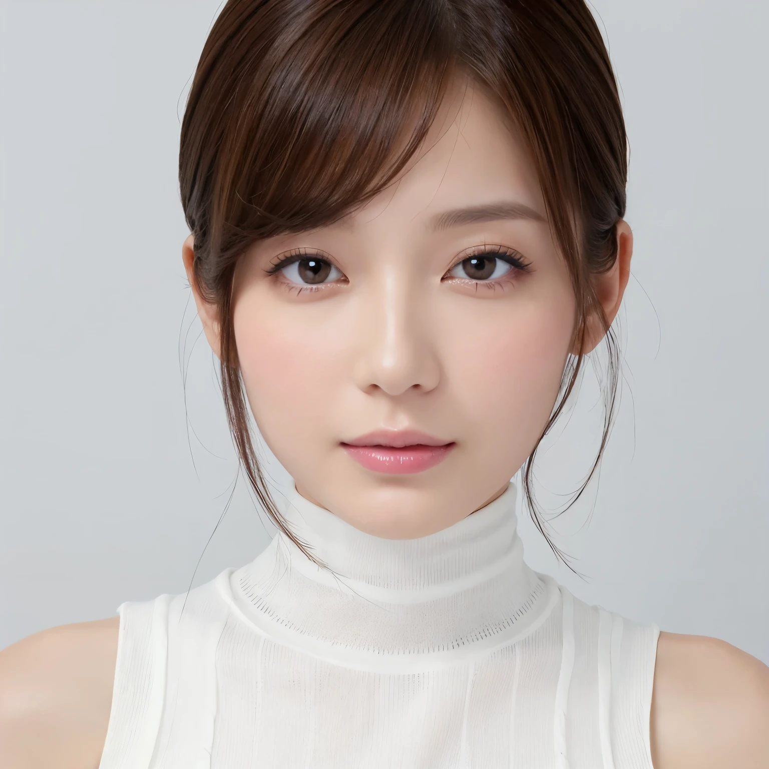 (highest quality、table top、8k、best image quality、Award-winning work)、One cute beauty、short hair、(alone:1.15)、(White snug sleeveless turtleneck knit:1.2)、(Perfect sleeveless turtleneck knit:1.1)、(The simplest pure white background:1.2)、(Perfectly fixed on the front:1.1)、close up of face、(very big breasts:1.2)、(emphasize body line:1.2)、close up of face、(Perfect frontal and horizontal portrait of a woman with proper white space:1.2)、(Perfect depiction of a woman horizontally and from the front:1.2)、beautiful and detailed eyes、look at me and smile、(Upright photo from the chest up:1.2)、(turn around and look straight at me:1.2)、perfect makeup、Ultra high definition beauty face、ultra high definition hair、Super high-definition sparkling eyes、Ultra high definition perfect teeth、Super high resolution glossy lips、accurate anatomy、very beautiful skin、(Pure white skin that shines with ultra-high resolution:1.1)、Elegant upright posture when viewed from the front、(very bright:1.2)