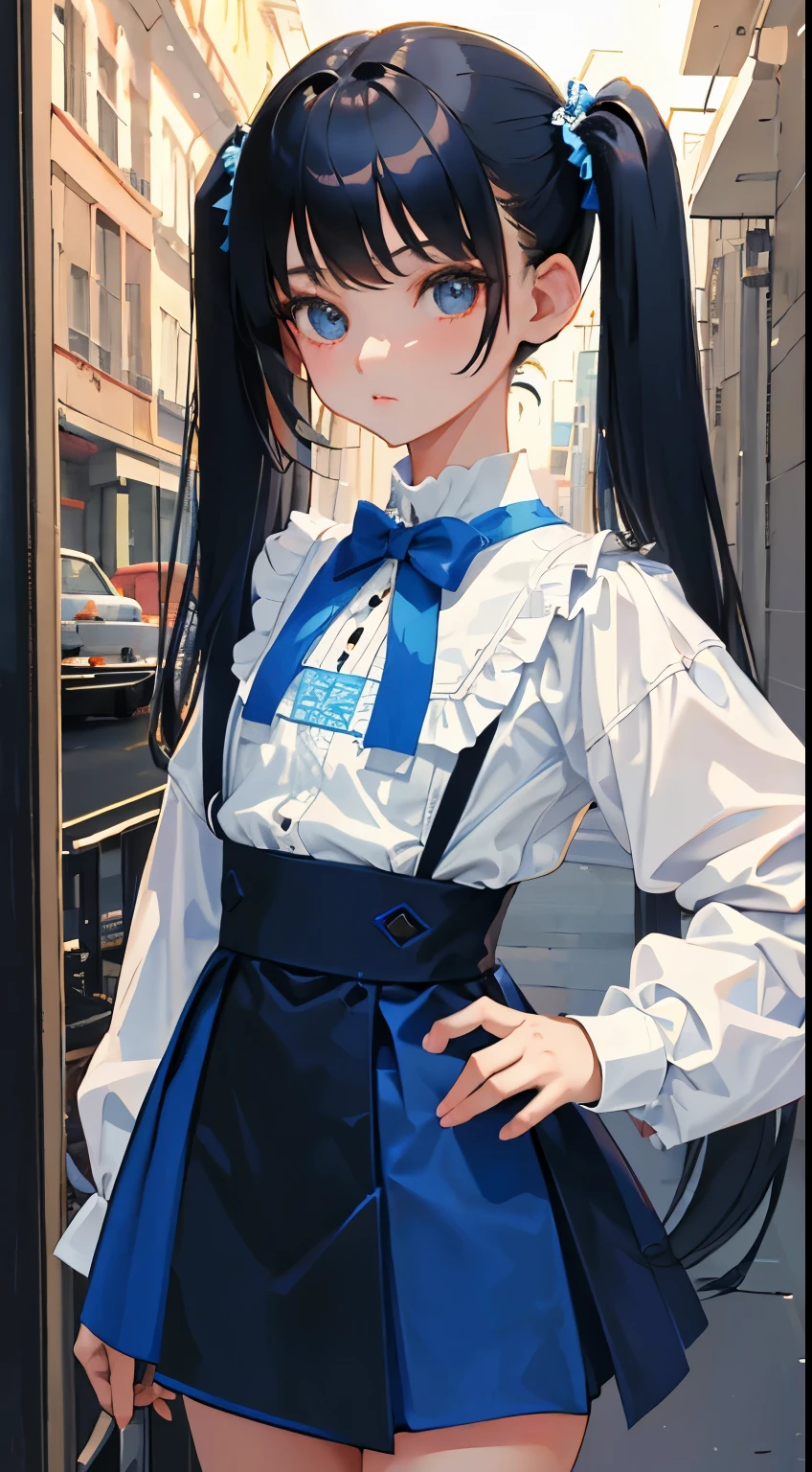 (short cute girl,small young student,young delicate girl),(masterpiece,Top quality),long sleeve blouse,light blue patterned skirt,long black hair, white skirt,twin tails