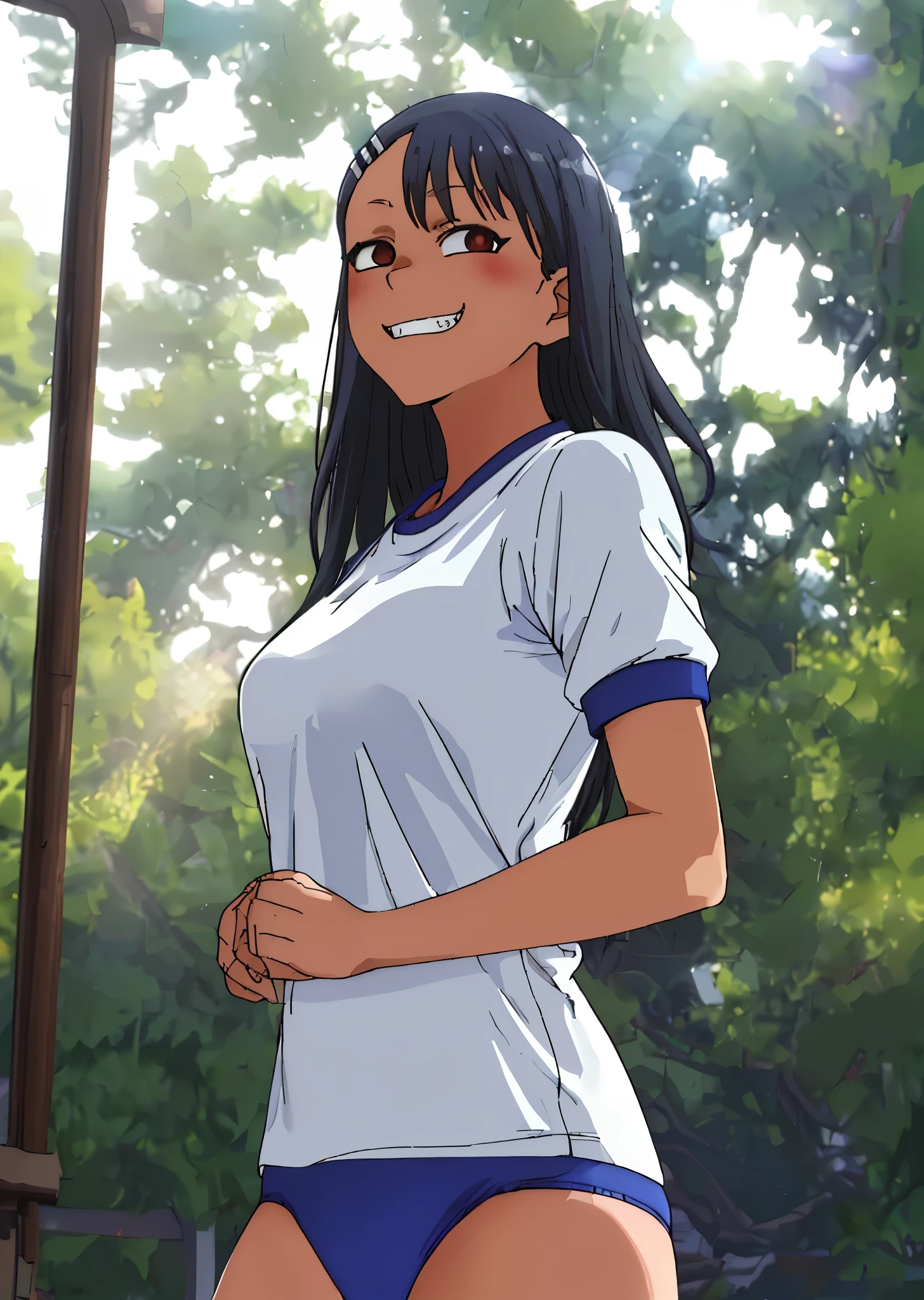 [Hayase Nagatoro], [Don't toy with me, nagatoro], ((masterpiece)), ((HD)), ((high res)), ((solo portrait)), ((waist-up), ((front view)), ((anime)), ((detailed shading)), ((beautiful render art)), ((cinematic lighting)), ((intricate details)), [nagatoro hayase, (cute Japanese woman), (slim figure), (dark skin), long black hair, (cute brown eyes), (glowing eyes), (half-closed eyes), (shadow over eyes), (detailed hands), (curvy hips), (devilish grin), (wide grin), (mischievous expression)}, {(Japanese gym wear), (white shirt), (short sleeves), (blue gym panties), (white hairclip)}, {(standing), (looking at viewer)}, [Background; (school yard), (trees), (blue sky), (sun rays)]