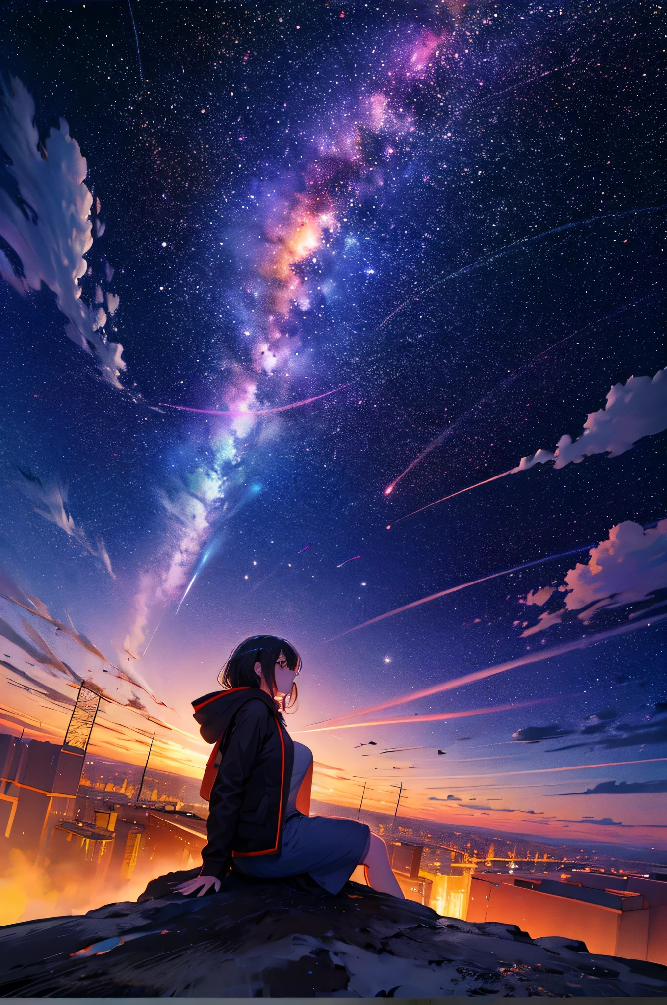 Octane number, Sky, Star (Sky), landscape, Starry Sky, night, 1 girl, night Sky, alone, Outdoor sports, building, cloud, Milky Way, sitting, tree, long hair, City, contour, Cityscape