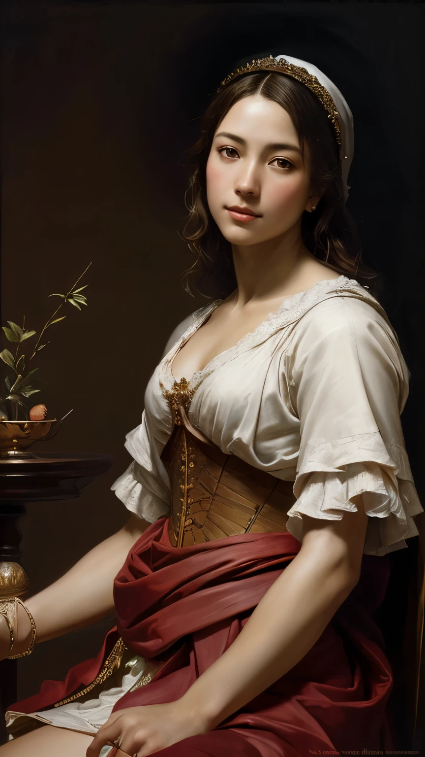Arafed woman in a red dress sitting next to a vase with a plant - SeaArt AI