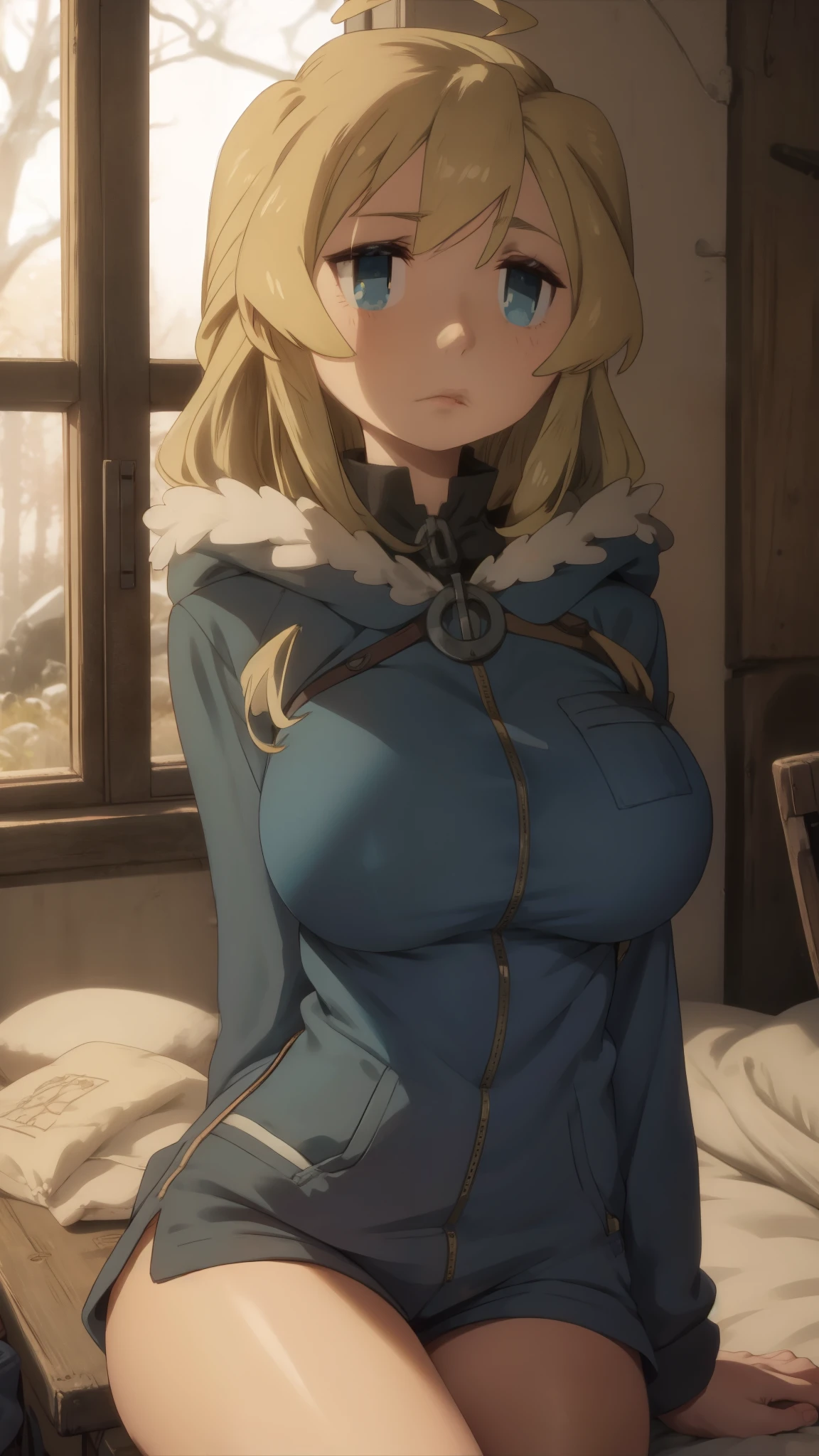 masterpiece, best quality, yuuri, 1girl, solo, white shorts, long sleeves , sitting, campfire, warm lighting , , annoyed, head tilt, looking to the side, gigantic breasts, breast focus, boob window, bare breasts, arms at side, arms behind back, Detailed face, Detailed blue eyes, Detailed face, blue eyes, perfect eyes, perfect face, nude