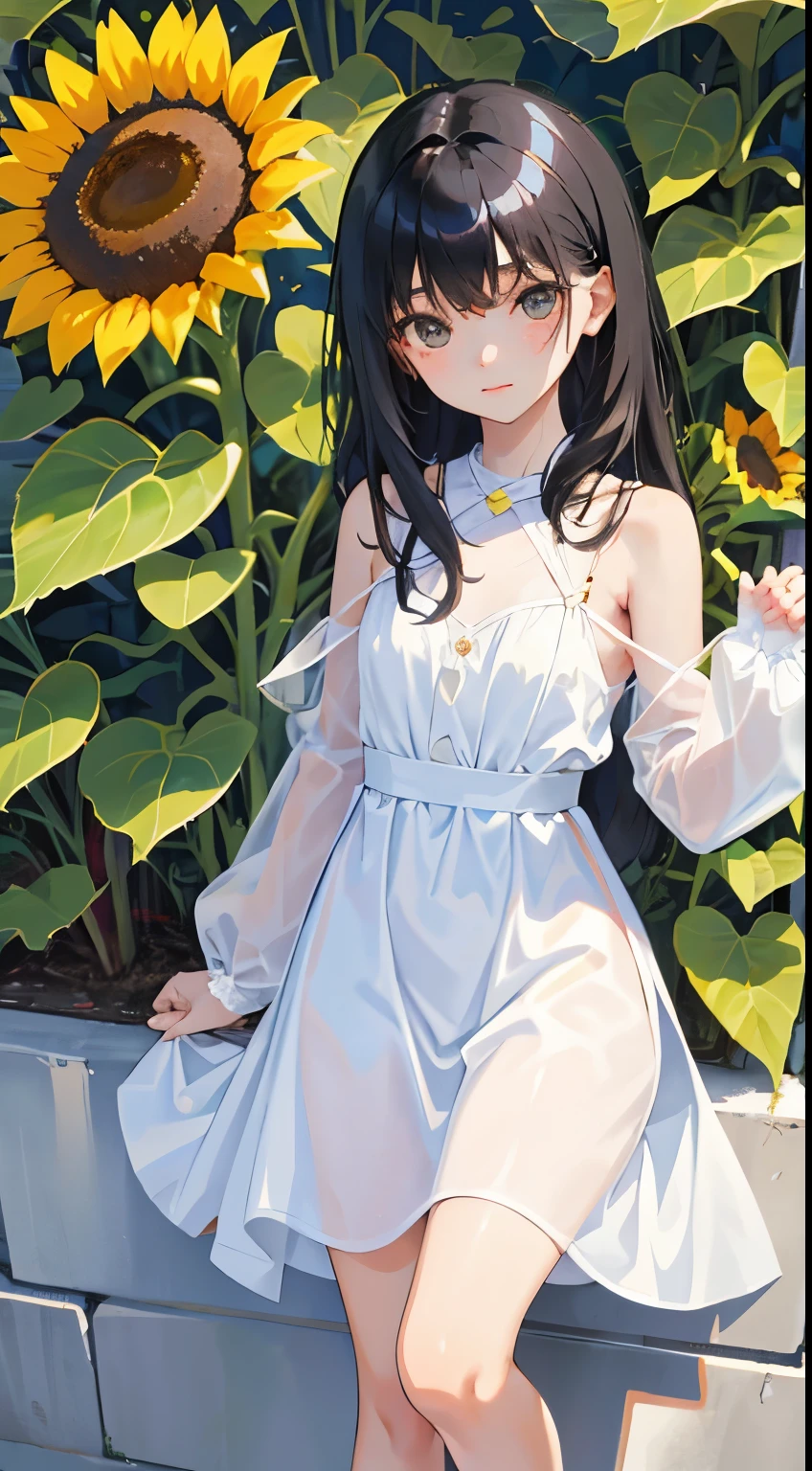 Beautiful girl in a white summer dress（White One Piece Summer Dress、Knee-length skirt、Thin fabric shows your body lines）、Straw hat、Standing in a sunflower field、Facing forward、whole body
