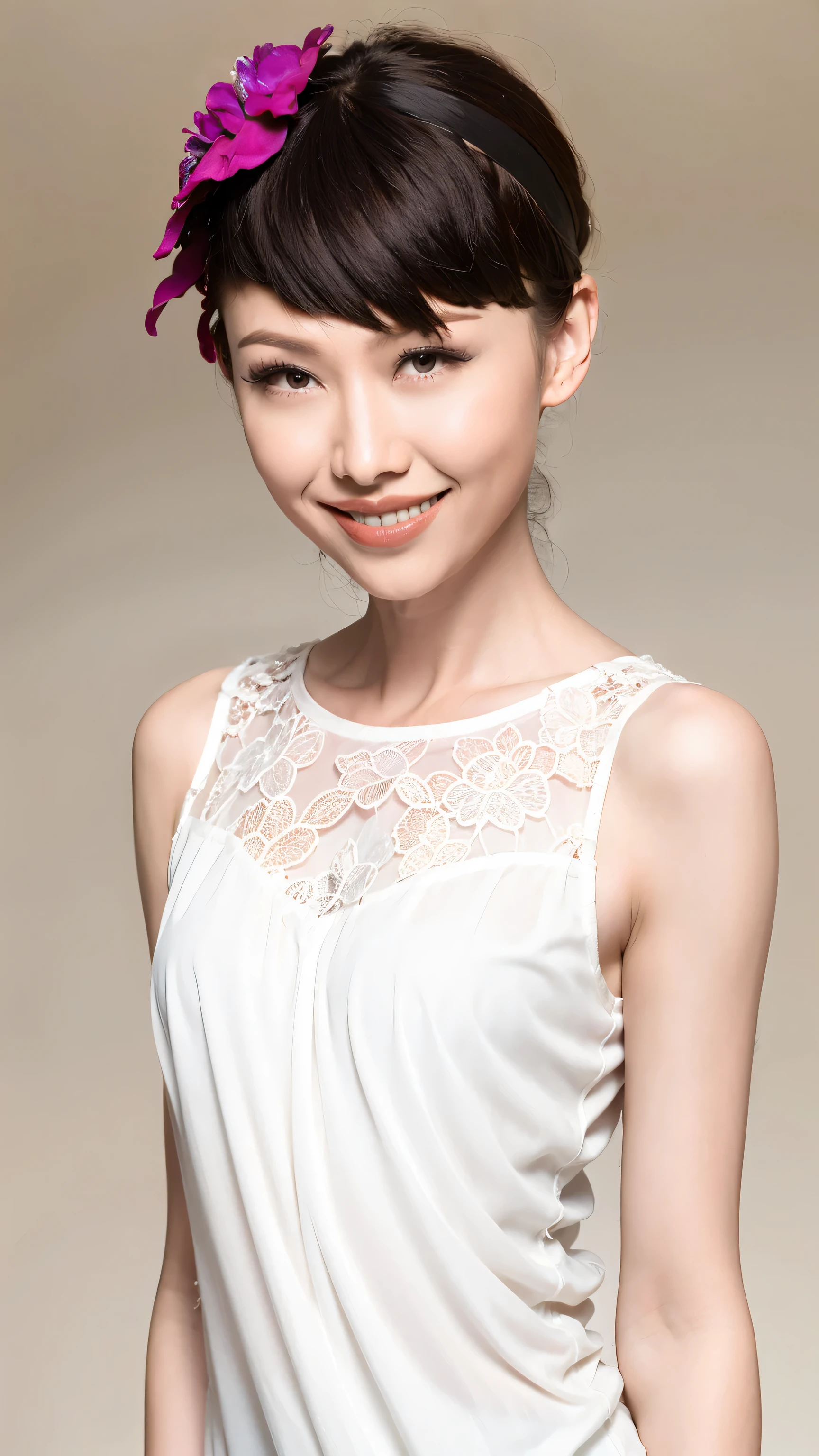 fashion model 20 years old [[[[close up]]]], [[[[neck]]]], [[[[Shoulder]]]], perfect eyes, perfect iris，perfect lips，perfect teeth，Perfect skin，White skin，Soft headlight，High Density Imaging Review，long black hair，（Face is clear and delicate），((white lace underwear))，((Sexy))，(((charming smile)))，((Half body photo))，((The background is the bedroom))，((Deluxe king bed))，best quality，masterpiece，（pastel colors：1.2）
