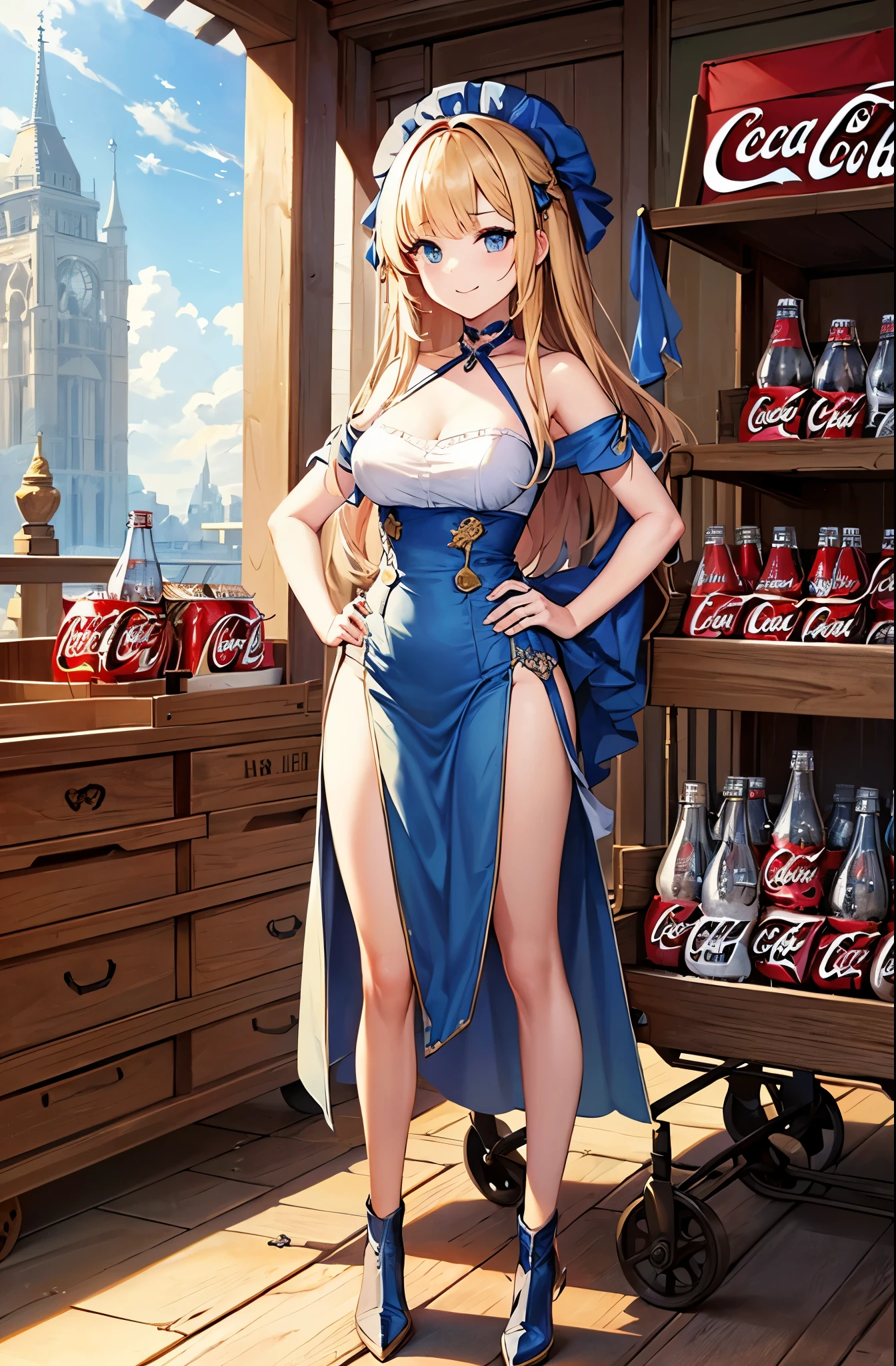 (blue sky、cloud、noon)、(Super beautiful CG、high resolution)、(medium breasts、smile、whole body)、 (masterpiece 1.8)、((super quality))、((Ultra-detail illustration))、((stunning CG))、1 、solo、long hair、look at the audience、bangs、medium breasts、bare shoulders、golden hair:1.8、blue eyes、clavicle、thighaid dress:1.3、headdress:1.3、No sleeve、barefoot、leather boots、white gloves:1.5、(wooden cart、Cart loaded with Coca-Cola bottles:1.5)、((Place the Coca-Cola bottle in the palm of your right hand:1.5、Left hand on hip:1.5))、Cobblestone streets of medieval Europe、accurate limbs、perfect five fingers:1.8、