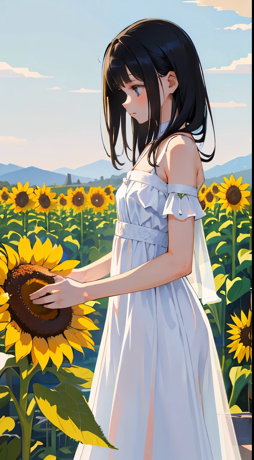 (short cute girl, young studeg delicate girl),(masterpiece,Top quality),long black hair, white dress,sunflower