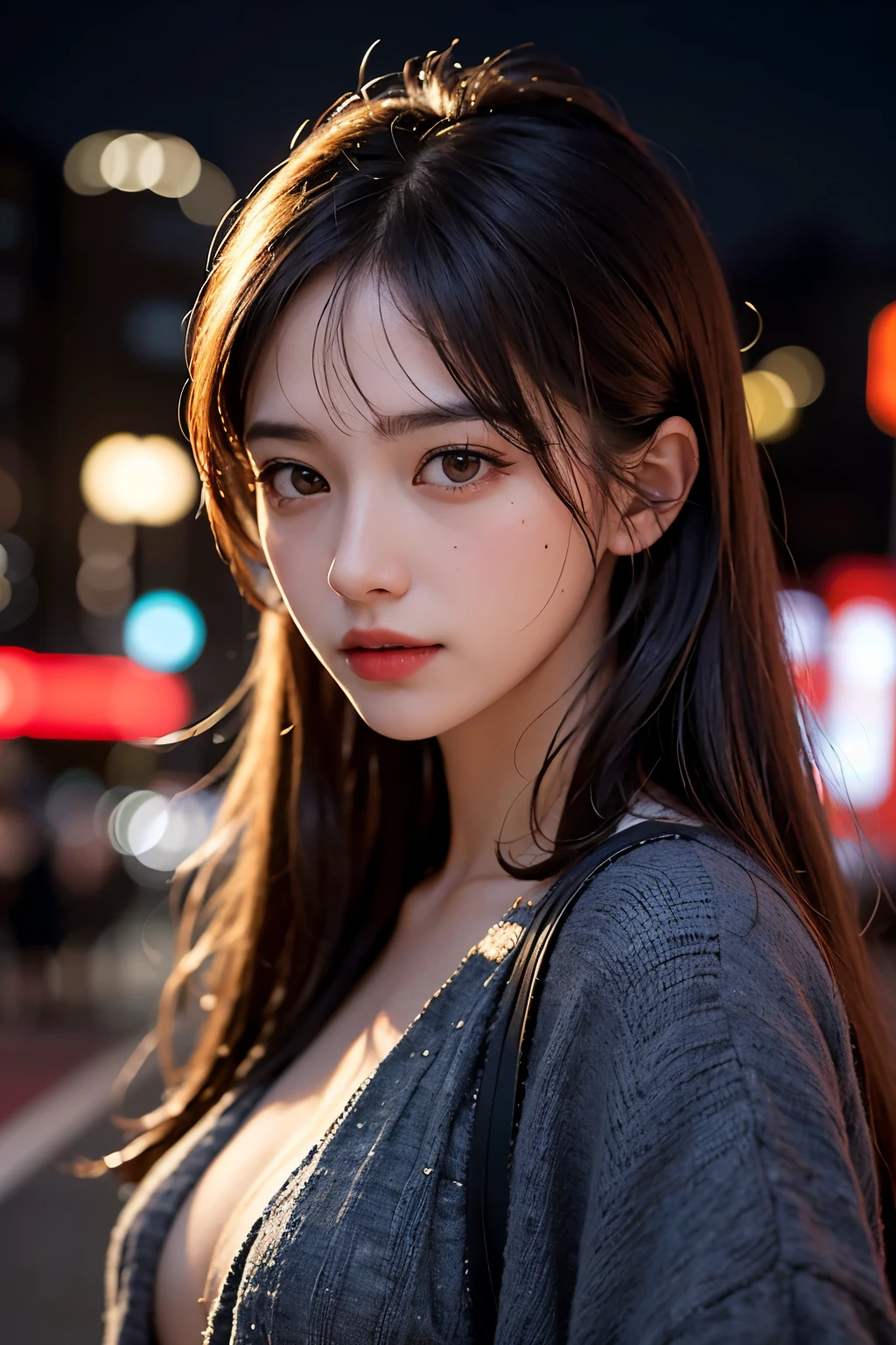 1girl, Tokyo street,night, cityscape,city lights, upper body,close-up, 8k, RAW photo, best quality, masterpiece,realistic, photo-realistic,